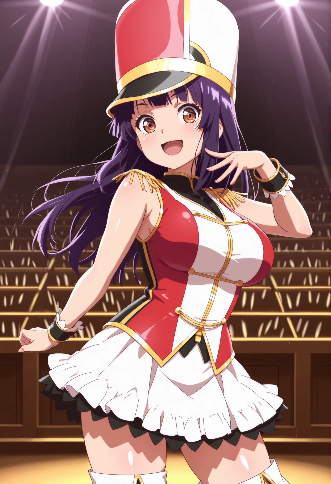 score_9, score_8_up, score_7_up, source_anime, solo, 1girl, looking at viewer, absurdres,highres,masterpiece,best quality,amazing quality, ultra detailed anime style, anime coloring, shiny skin, perfect eyes,detail1eye,well-defined fingers, AoiIzumizawa, brown eyes, purple hair, long hair, large breasts, kokorohhw, hhw skirt, hhw shako cap, hhw band uniform, hhw wrist cuffs, hhw thigh boots, open mouth, rouge lips ,powerful posing ,happy smile face ,on stage ,brilliant light ,audience ,cowboy shot