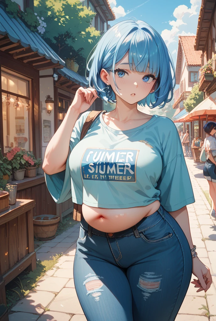 masterpiece, best quality, 1girl,<lora:char_kofji_loha:1> , char_kofji_loha, blue shirt, white skin, black pants, best_buy, blue hair,