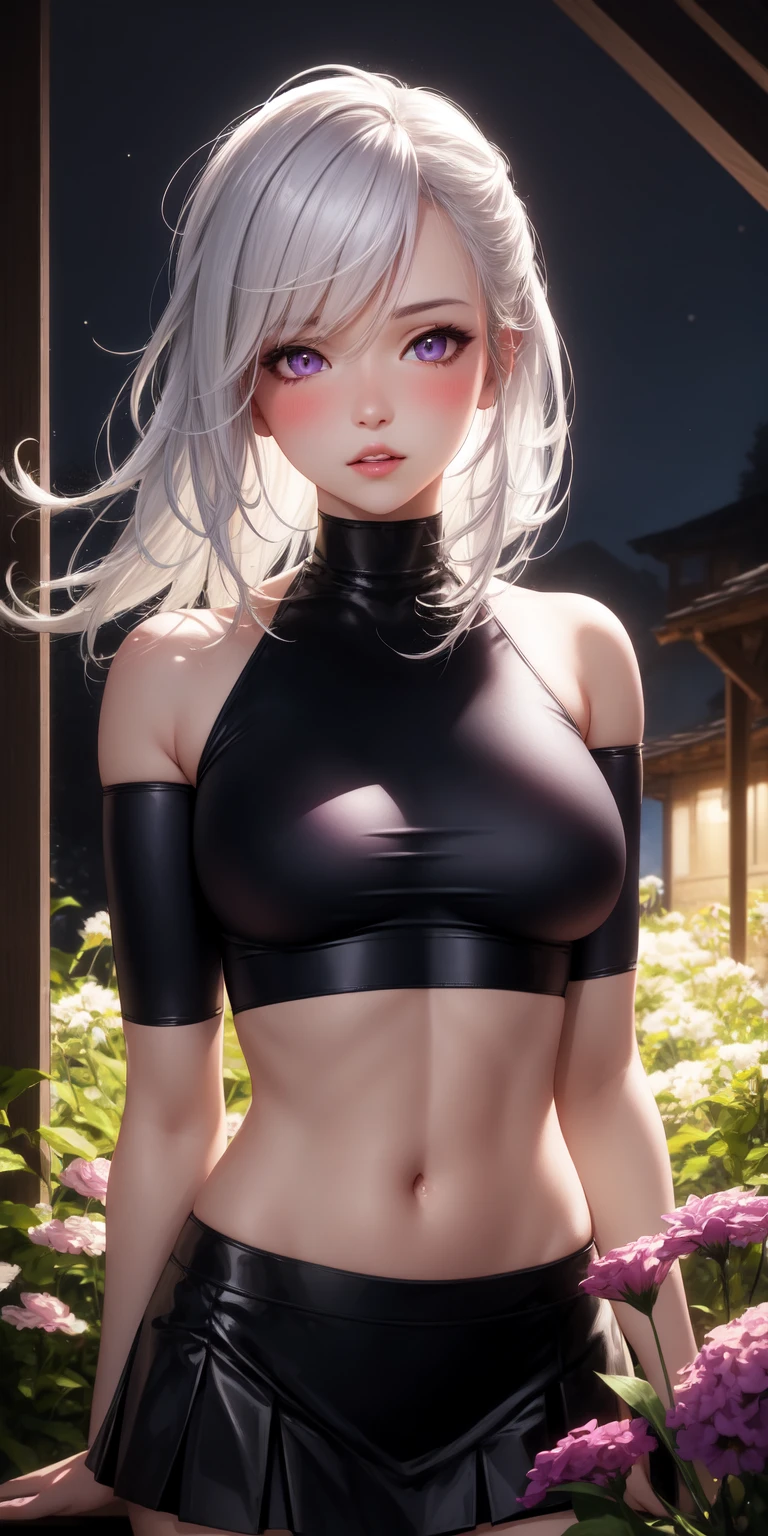 realistic, 1 girl, white hair, purple eyes, glowing eyes, crop top, skirt, parted lips, blush, night, flowers, sun, sunlight.