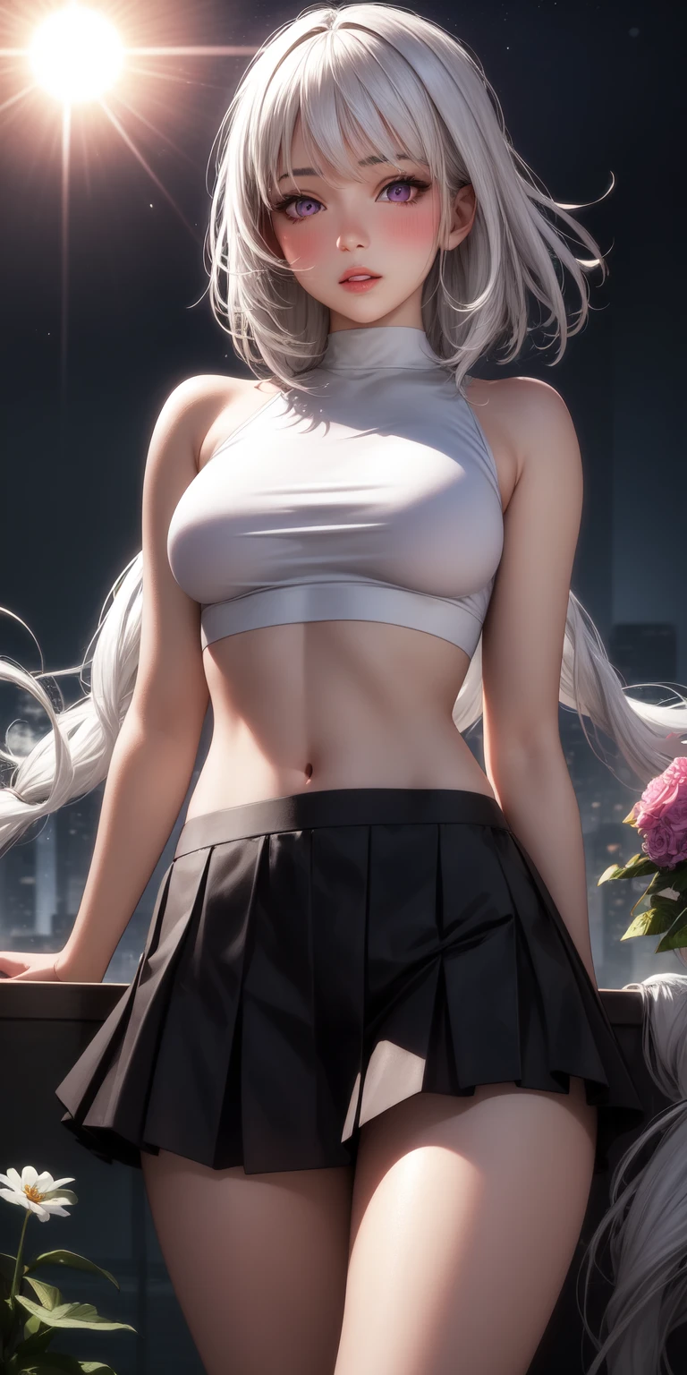 Realistic, 1girl, white hair, purple eyes, glowing eyes, cropped top, skirt, parted lips, blush, night, flowers, sun, sunlight, (NSFW:1.1)