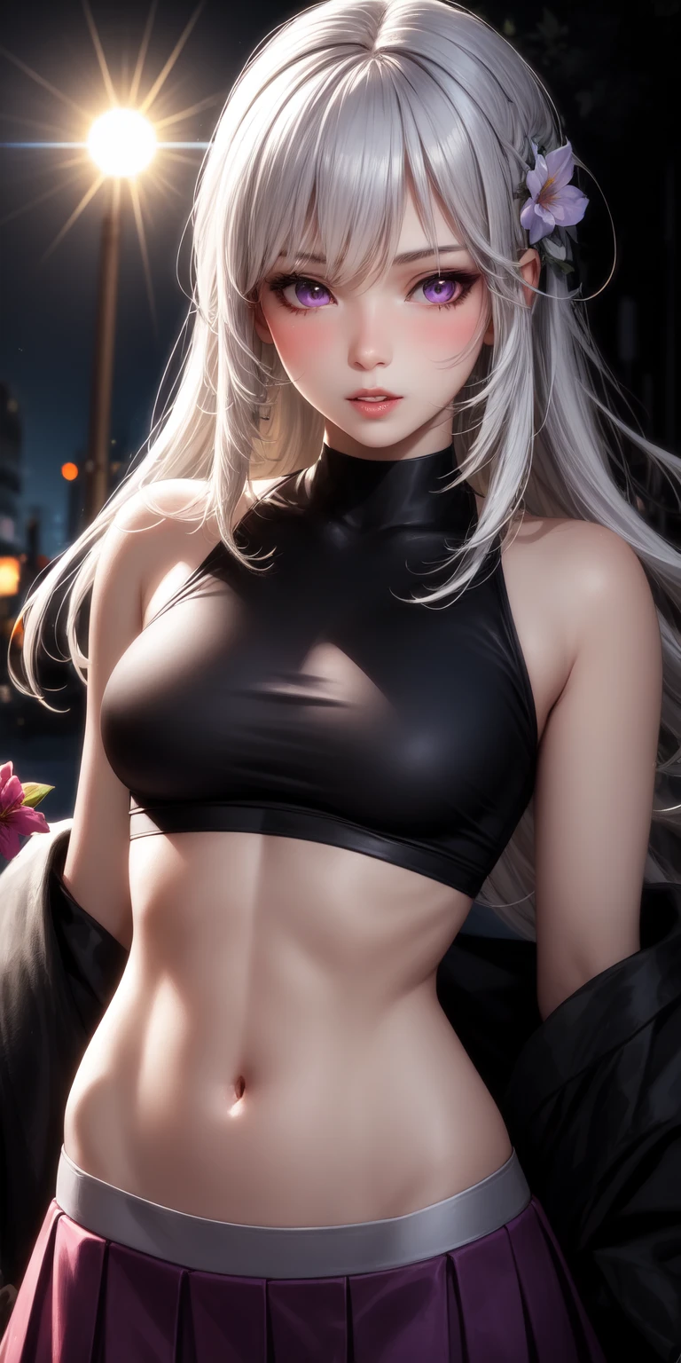 (masterpiece),(best quality),HDR,intricate detail,1girl,bare_shoulders,black_sleeves,breasts,crop_top,detached_sleeves,graphite_(medium),hair_over_one_eye,hair_ribbon,high-waist_skirt,iron_blood_(emblem),large_breasts,long_hair,mouth,open_mouth,red_eyes,ribbon,shirt,simple_background,skirt,tongue,tongue_out,traditional_media,underboob,upper_body,very_long_hair,white_background,white_hair,white_shirt,