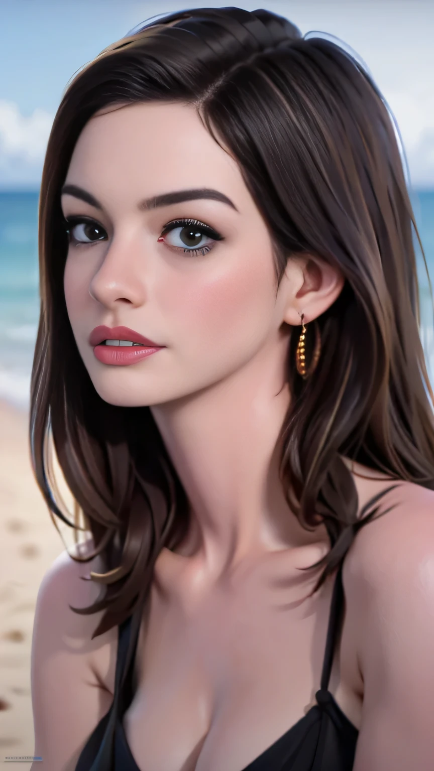 photo of Anne Hathaway, RAW, beautiful woman, ((portrait)), ((detailed face:1.2)), ((detailed facial feature, detailed skin, clear skin), (perfect proportioned body, ), (wearing a ) (high detailed beach environment, tropical island), (realistic photo, best quality, detailed), (8k wallpaper), (cinematic lighting, dramatic lighting) (sharp focus, intricate)