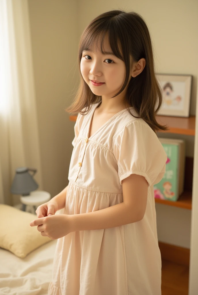 8k,masterpiece,Japanese,(:2),(child:1.7),from the front,Innocent face,Calm Eyes,White camisole,Sleeveless,Sky blue short skirt,semi-long,Hair Clip,noon,bright,On a bed in a Western-style house,one summer day