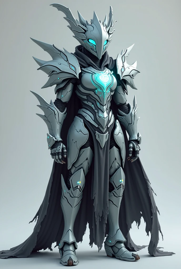 A humanoid creature，Bony faceless sheep's head，Gray antlers，The dorsal fin of a shark，It has the spine of a fish，Silver bony shell，The chest is inlaid with large colored crystals