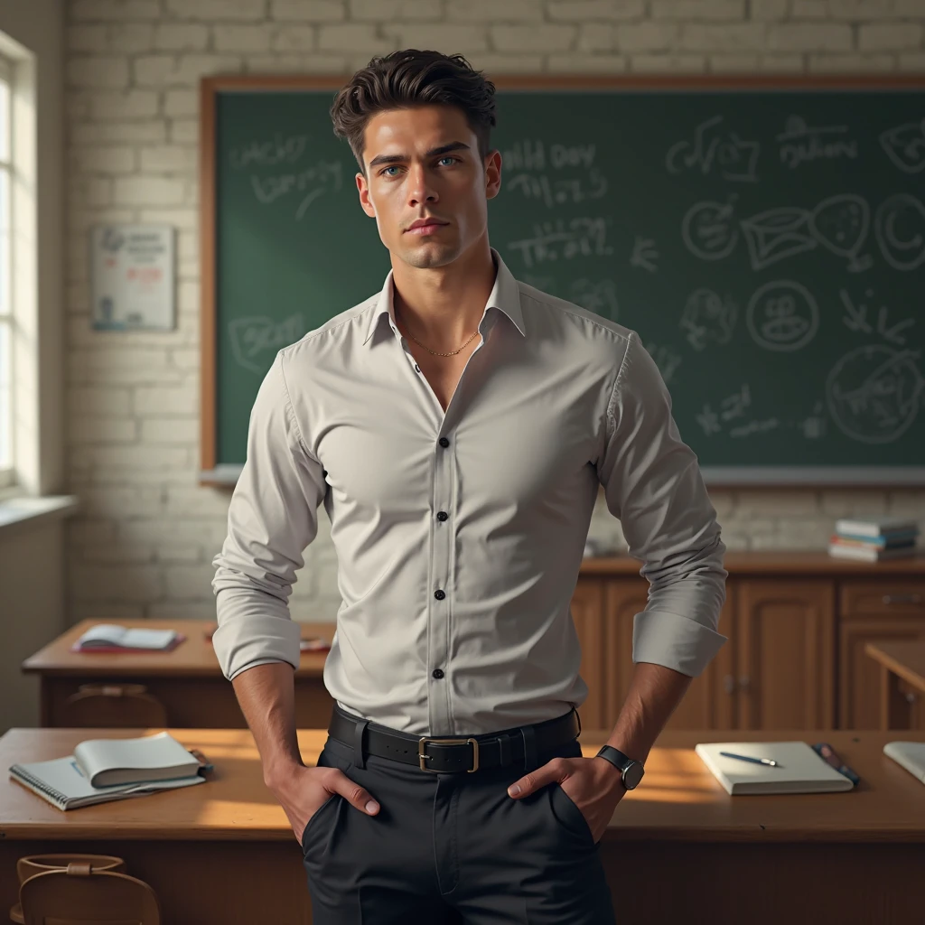 (Masterpiece, Hyperrealistic, 8k, HDR, RAW), ((Natural illumination)), window illumination, inside illumination, (((Inside a classroom))), ((handsome man)), american boy, bad boy, 18 years old, ((White shirt)), ((brown trousers)), ((Glasses)), ((short wavy hair)), ((Tall)), ((Toned muscular body)), ((bulge)), ((brown hair)), face, big eyes, grin, perfect
