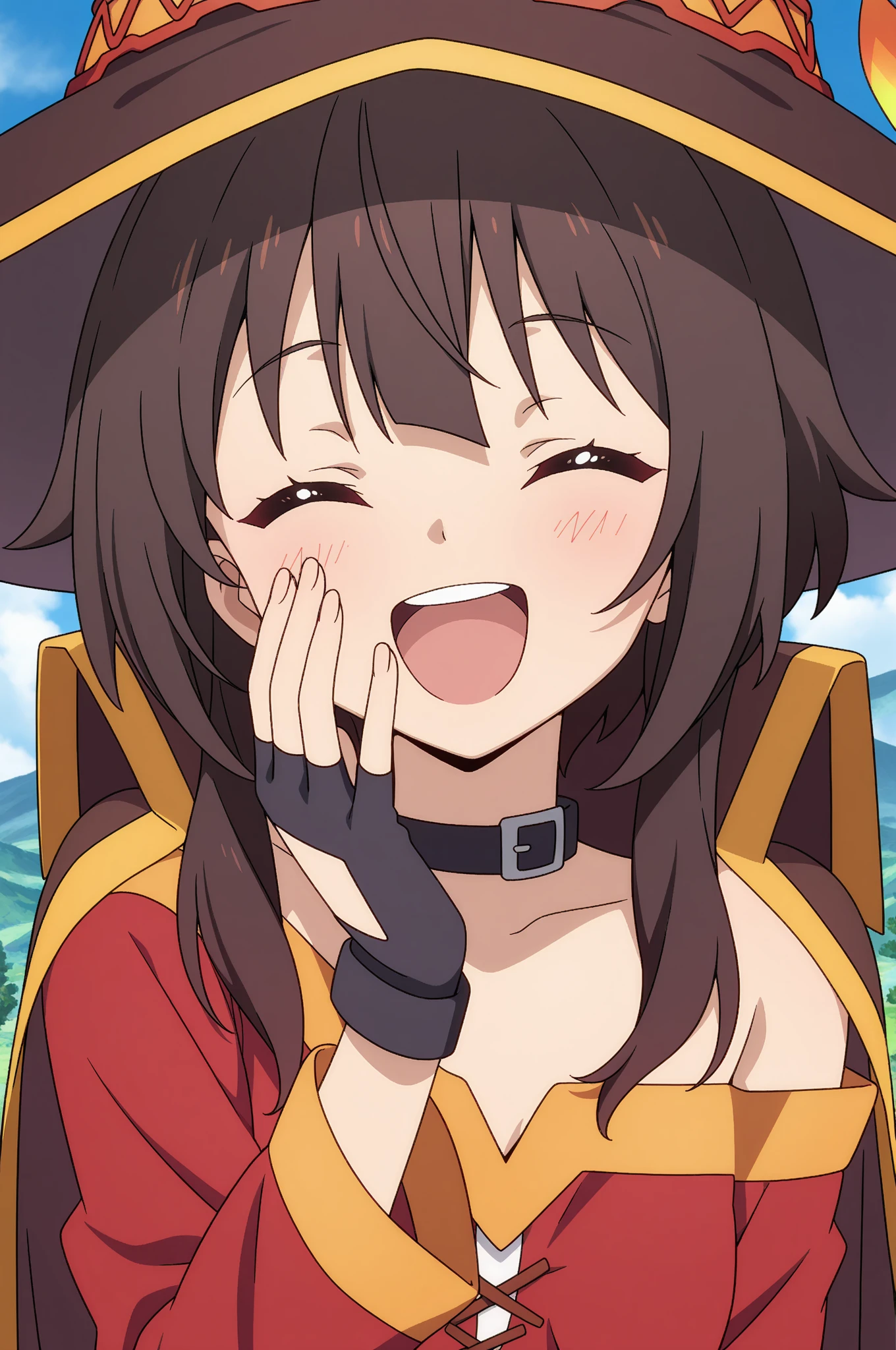 {{{masterpiece}}}, {{{best quality}}}, {{ultra-detailed}}, {illustration}, {{an extremely delicate and beautiful}}, (beautiful detailed eyes:1.6), extremely detailed face, extremely detailed CG, (perfect hands, perfect anatomy), 16k, anime face, NSFW, Megumin(konosuba), megumindef, cute face, short hair, black hair, sidelocks, red eyes, small breasts, thin waist, big hips, curvaceous, witch hat, Red clothes, long sleeve, black cape, fingerless gloves, black choker, black belt, bandage on right leg, black high socks on left foot, brown boots, thighs, zettai ryouik, BREAK, NSFW, 1boy, 1penis, deepthroat,(fellatio:1.5), girl eating penis, face stained, sucking penis, face focus, excessive cum, (bust shot:1.3)