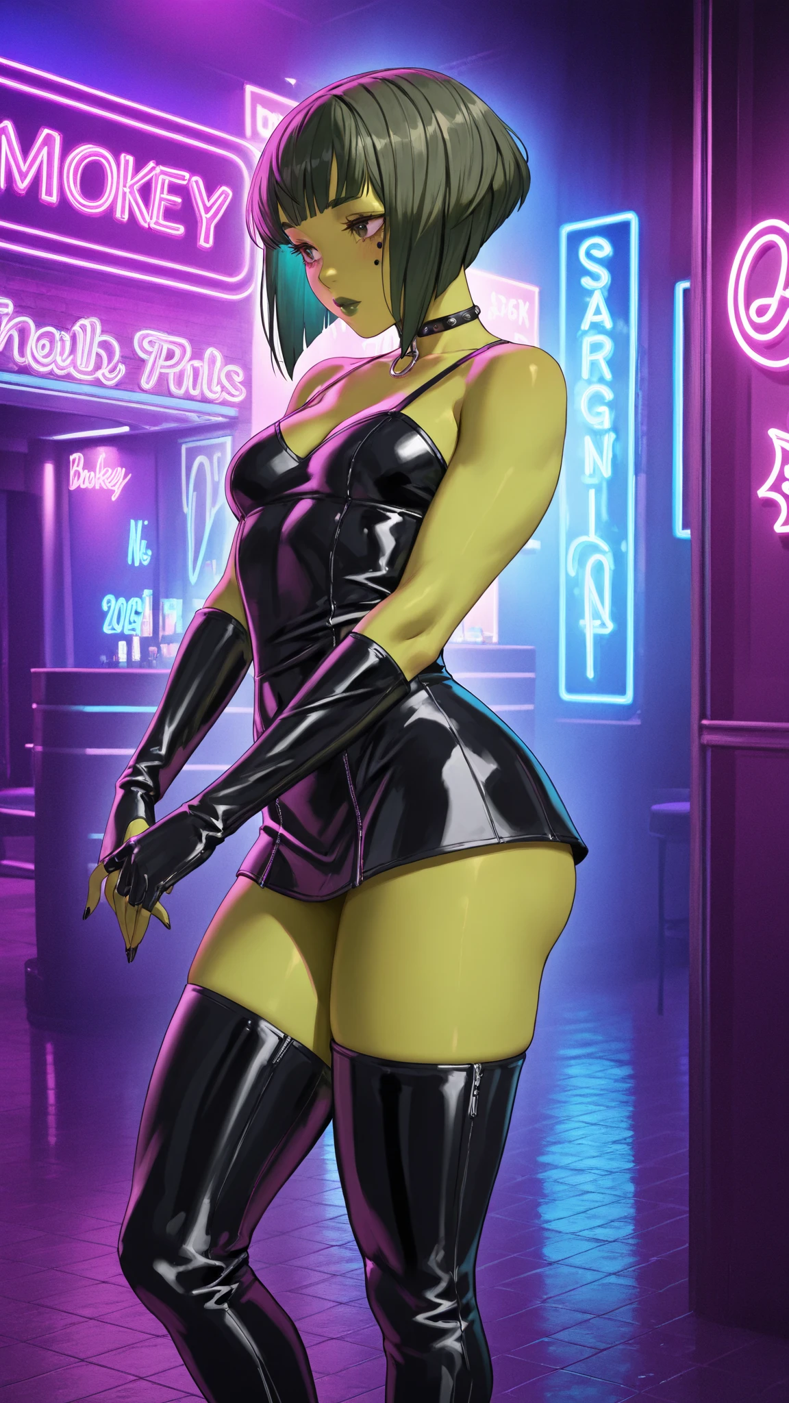 bimbo, 20 years old, platform boots, tight latex dress, tight short skirt, perfect fake boobs, very tanned skin, very dark skin,