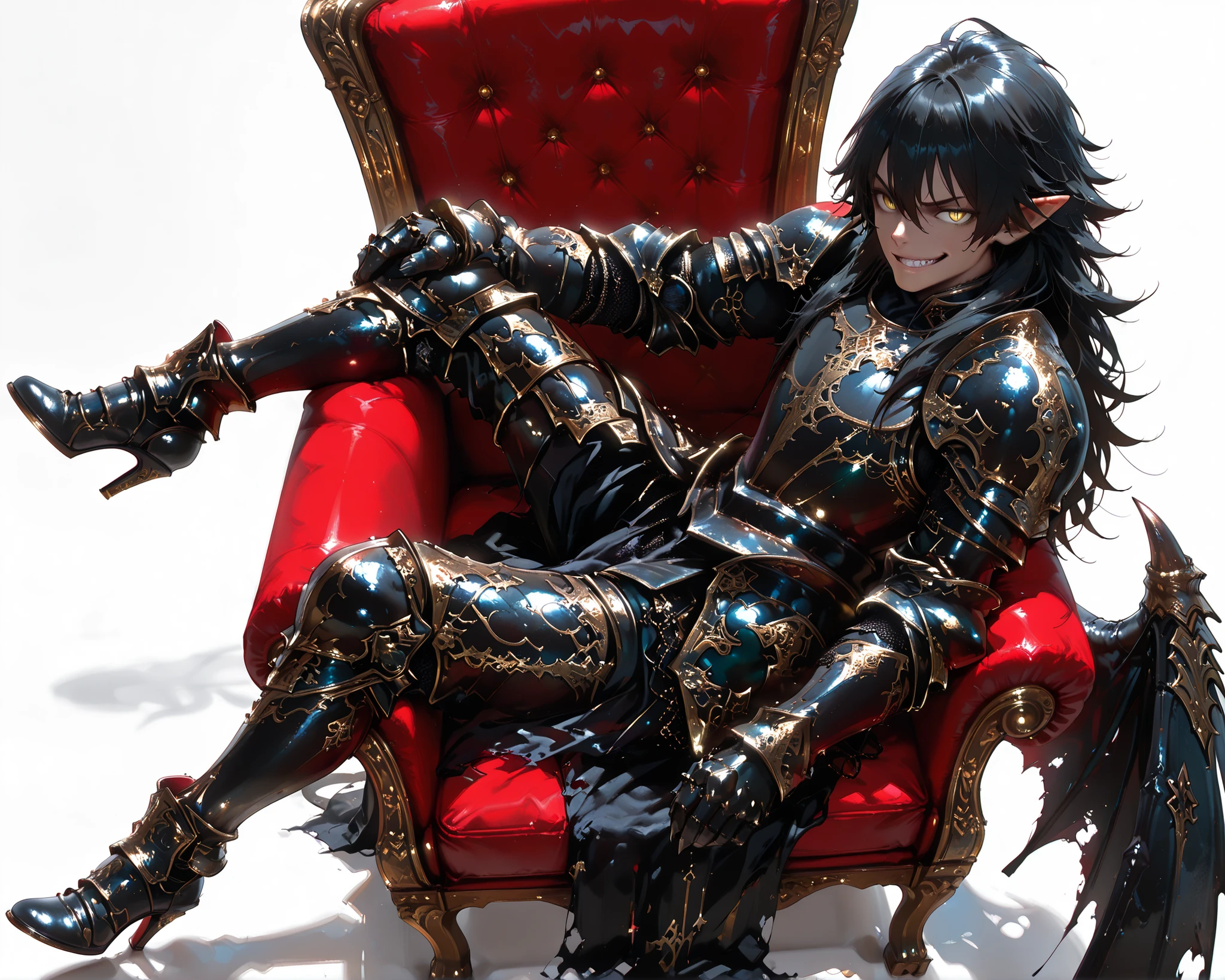 score_9, score_8_up, score_7_up, absurdres, (((128K Ultra High Resolution))), (masterpiece, best quality: 1. 5), (high definition: 1, 4), (highres), 8K wallpaper, (excellent graphics: 1. 5), CG, (((Japanese Anime style))), (1 male), solo, ((lean body, masculine)), weredragon, glossy black, shiny black leather, ((beautiful golden eyes, finely detailed eyes, bright eyes, slit pupils)), hair between eyes, black hair, long hair, sideburns, wild hair, (sly grin, sinister grin, smirk), teeth, confident, ((ultra detailed face)), shiny skin, long pointy ears, twisted torso, long-legged, sculpted face, wasp waist, dragon horn, dragon tail, dragon wings, dragon sharp claws, (black armor with a lot of grandiose decorations: 1. 5), half dragon half human, (sit cross-legged, closed legs, sit sideways, luxury antique red plush velvet chair: 1. 5), (dramatic angle, dynamic pose: 1. 5), (ultra detailed black armor, well-polished black armor: 1. 5), (gold-adorned armor: 1. 5), all black outfit, full body, sharp focus, good-looking man, (best illustration, highly detailed artwork: 1. 5), (cinematic), dramatic lighting, (intricate detail, extreme detailed, super detailed: 1. 5), chiseled features, (stark contrast, heavy shadows: 1. 3), detailed black decorations, beautiful & aesthetic, photoreal, (from side), ((from above)), (mysteriously crafted black metal armor: 1. 5), thick & luxuriant hair, (ultra detailed fantasy black armor, wonderful black armor: 1. 5), (realistic metal texture), broad shoulder, true-to-life visuals, artistically refined, (extremely delicate & beautiful armor, elaborate armor details: 1. 5), (giant black armor, dark armor, stylized armor: 1, 5), (((armor-type high heels))), (extremely detailed armor with intricate engravings, intricate armor with gold ornaments: 1. 5), ((very gorgeous and dazzling)), (dark fantasy black knight: 1. 5), slim waistlines, wide chested, sinewy body, (Hyper Detailed & Perfectly Designed Black Armor: 1. 5), (simple white background)