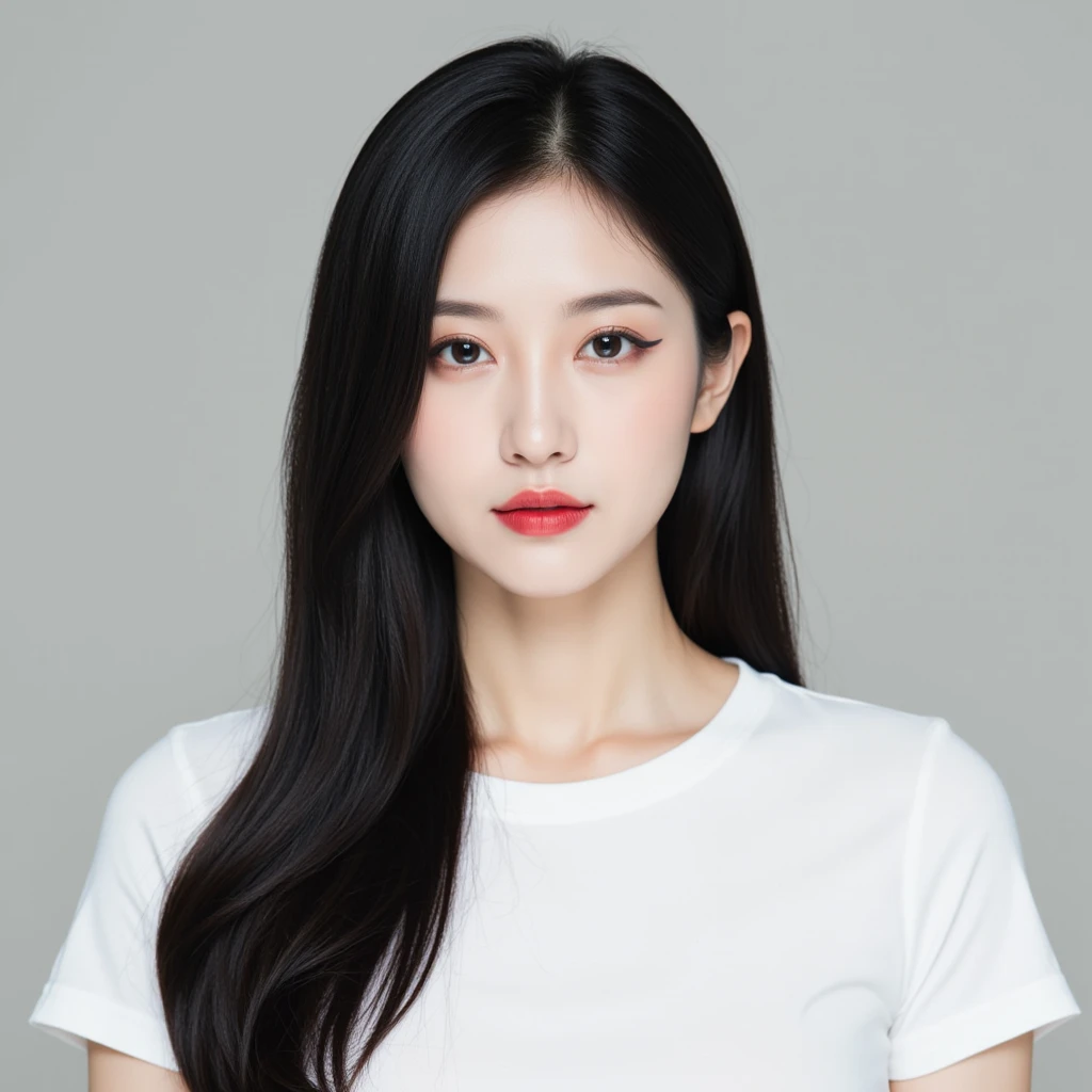 best quality, photorealistic, 8k, high res, 1girl, woman, (skindentation), (portrait:0.6), gorgeous, ((whitebackground:2.1)), ((smallsize round breast, sleeveless white tshirt:1.75)), straight-looking at viewer:1.8, (1girl eyes looking at viewer, medium-length hair, brownhair, partedbangs:1.65), photorealistic, (bokeh), (closed mouth:1.46), gorgeous, pureerosface_v1, <lora:IDOL-yeji:0.75>
