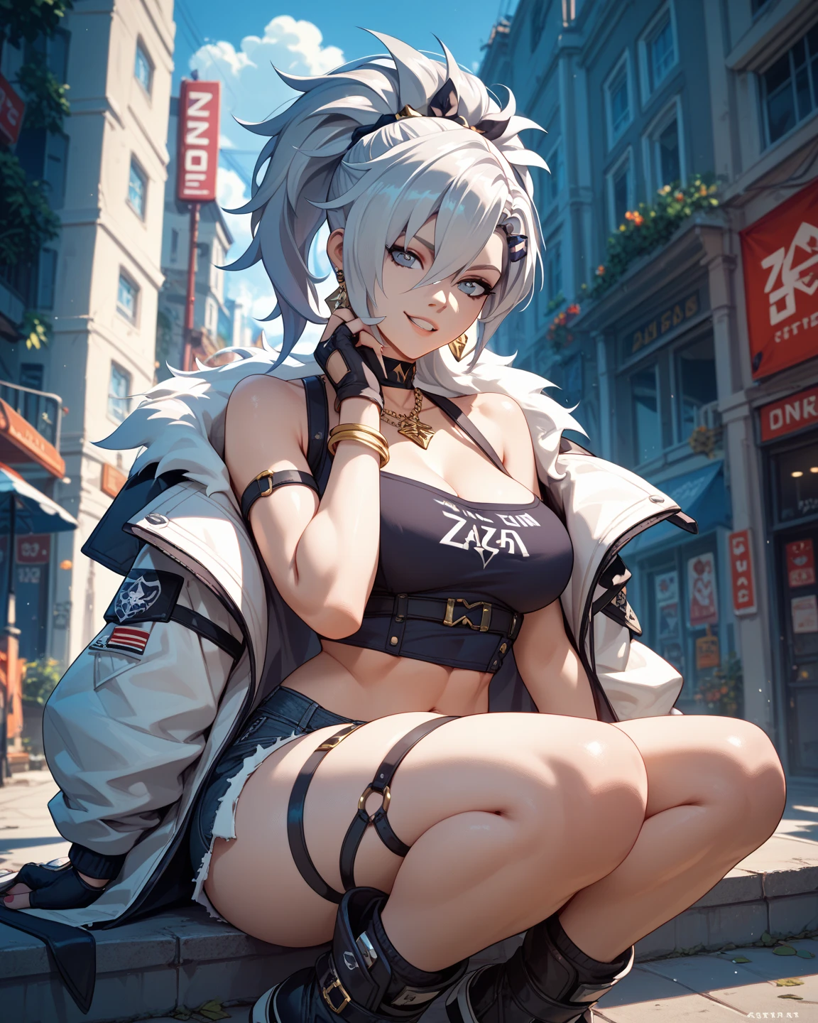 (masutepiece, of the highest quality, Best Quality, Official art, Beautiful and aesthetic:1.2), Extremely detailed,(Colorful:1.1),highest details, one arafed woman with braids white hair and pink tips and purple eyes, big breast, sfw, white crop top and leather mini skirt, night, big blue moon, japanese temple