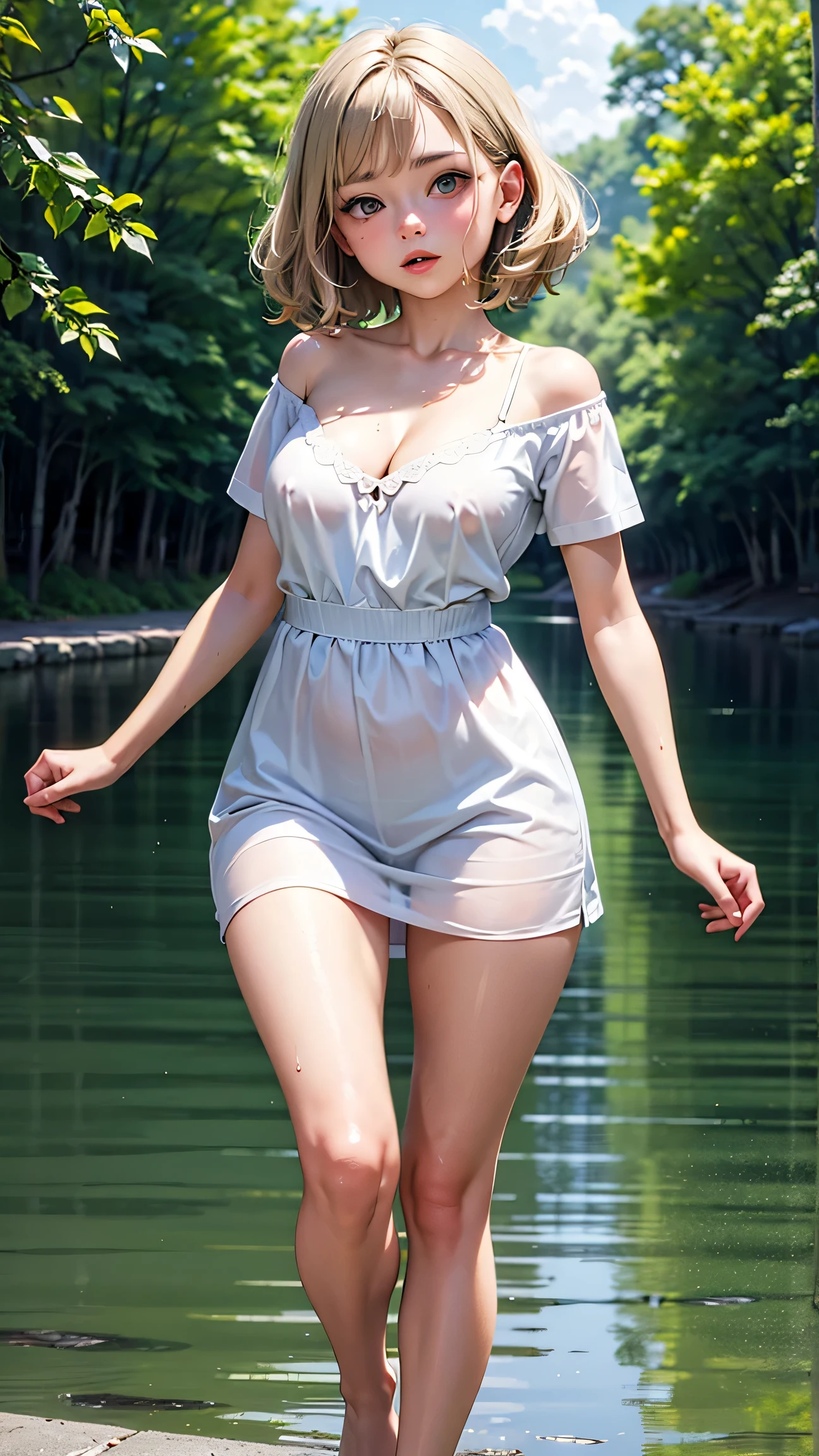 SAUNA,sitting,spread legs,(fellatio gesture),(floating in water),(soaked),(clothed:1.5),baggy t-shirt,(see through),lace swimsuit,(Thin type:1.5),(large breasts),(random hairstyle:1.2),(Highest image quality, (8K), Ultra-realistic, Best Quality, High quality, High Definition, high quality texture, high detailing, Beautiful detailed, fine detailed, extremely details CG, Detailed texture, realistic representation of face, masterpiece, presence)