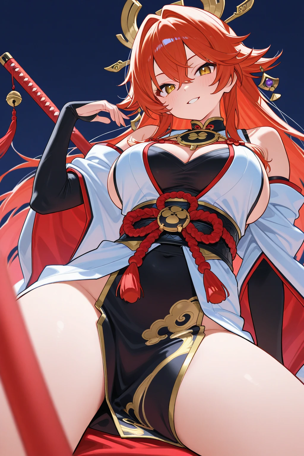 (Masterpiece, best quality, beautiful eyes, highly detailed, high res), 1girl, fox girl, fox ears, fox tail, orange hair, green eyes, miko, Japanese priestess, goddess, Miko clothing, mature woman, big breasts, massive breasts, massive cleavage, sexy, shiny skin, wet skin, water temple, water, wet clothes, shiny clothes, beautiful face, mommy body, divine, smiling, tight clothes,