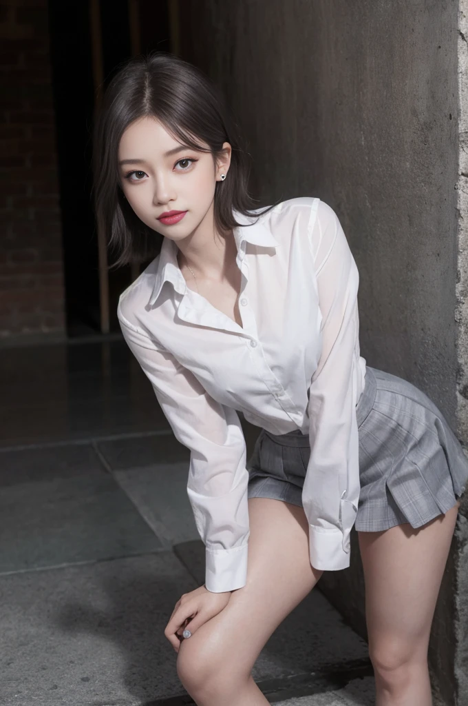 Highly detailed CG Unity 8k wallpaper, of the highest quality, super detailed, masutepiece, Realistic, Photorealistic, extremely detailed cute girl, 25 years old, (Black garter belt), blush, Parted lips, Round eyes, medium breasts, viewer, Half body shot , Street , Sitting , Casual shirt,