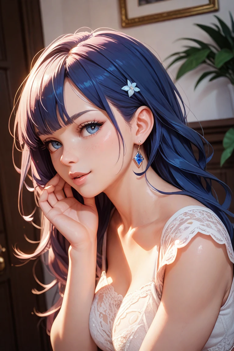 (8k, top quality, masterpiece: 1.2), (realistic, photorealistic: 1.37), super detailed, girl alone, cute, solo, midnight, beautiful detailed sky, detailed café, sitting, dating, (blush), (smile: 1.15), small breasts (mouth closed), beautiful fine eyes, floating hair NovaFrogStyle, back open dress, blue rose accessories, Blue rose background