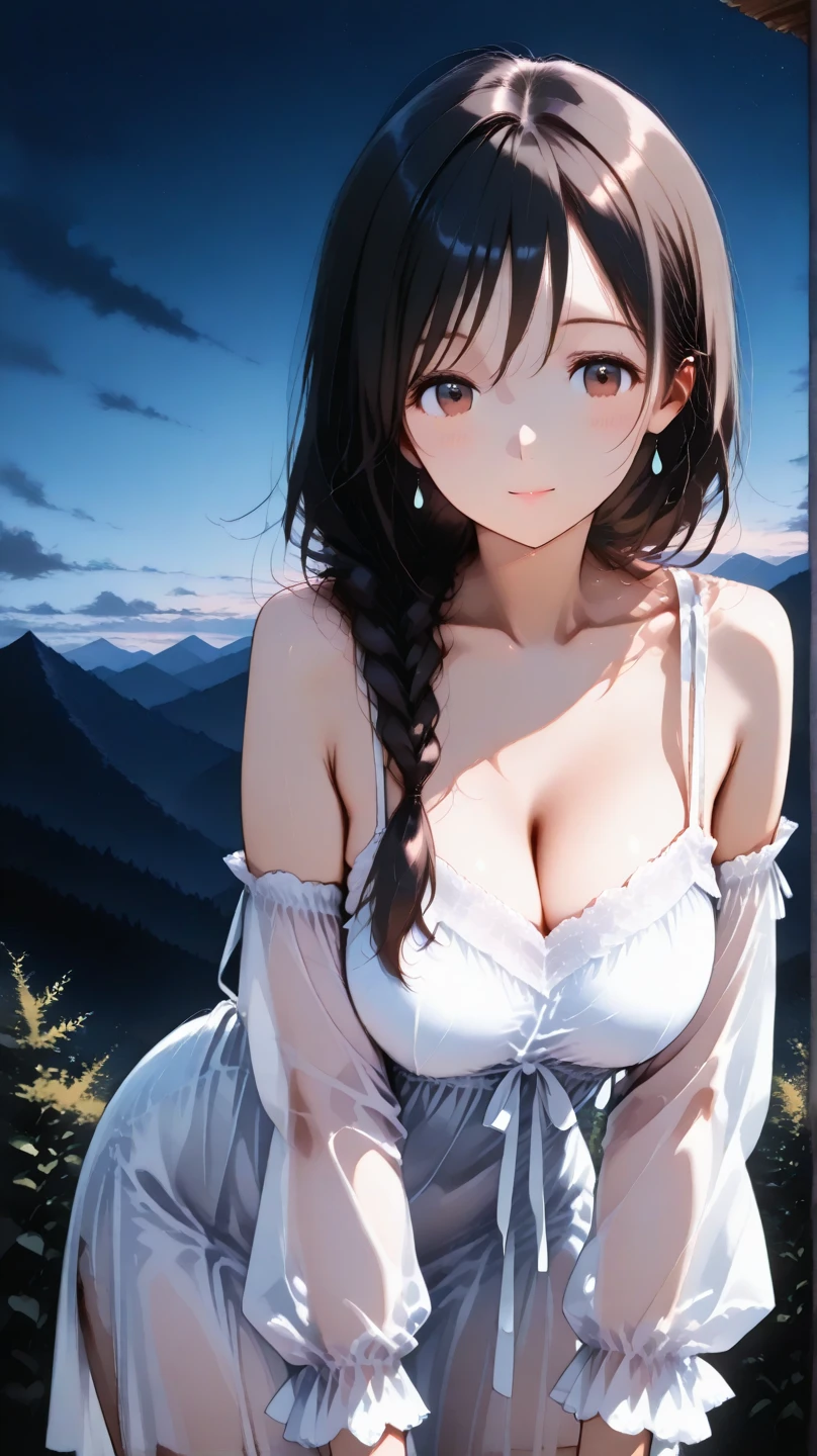 Detailed and beautiful illustration、Woman profile、Beautiful eyelashes、A white bobbed haircut sways in the wind.、Beautiful cleavage、Vast grassland、Dandelion seeds are floating in the blue sky.、Fantasy、Black lace dress