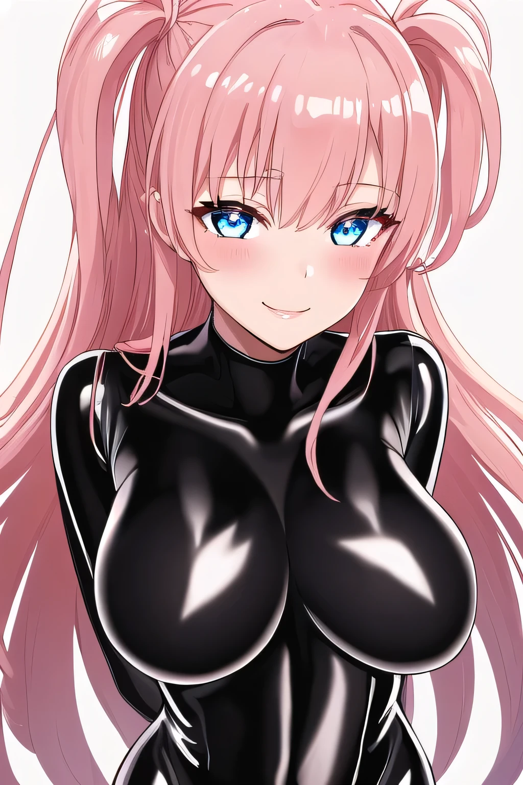 Erotic Tall busty adult married woman, female executive in shiny pink rubber suit, bedroom with red hearts on a black background, dark theme, evil, temptation, excitement, condescending smile, sexy pose, upper body emphasis, lying on man, angle from below, bat wings, succubus