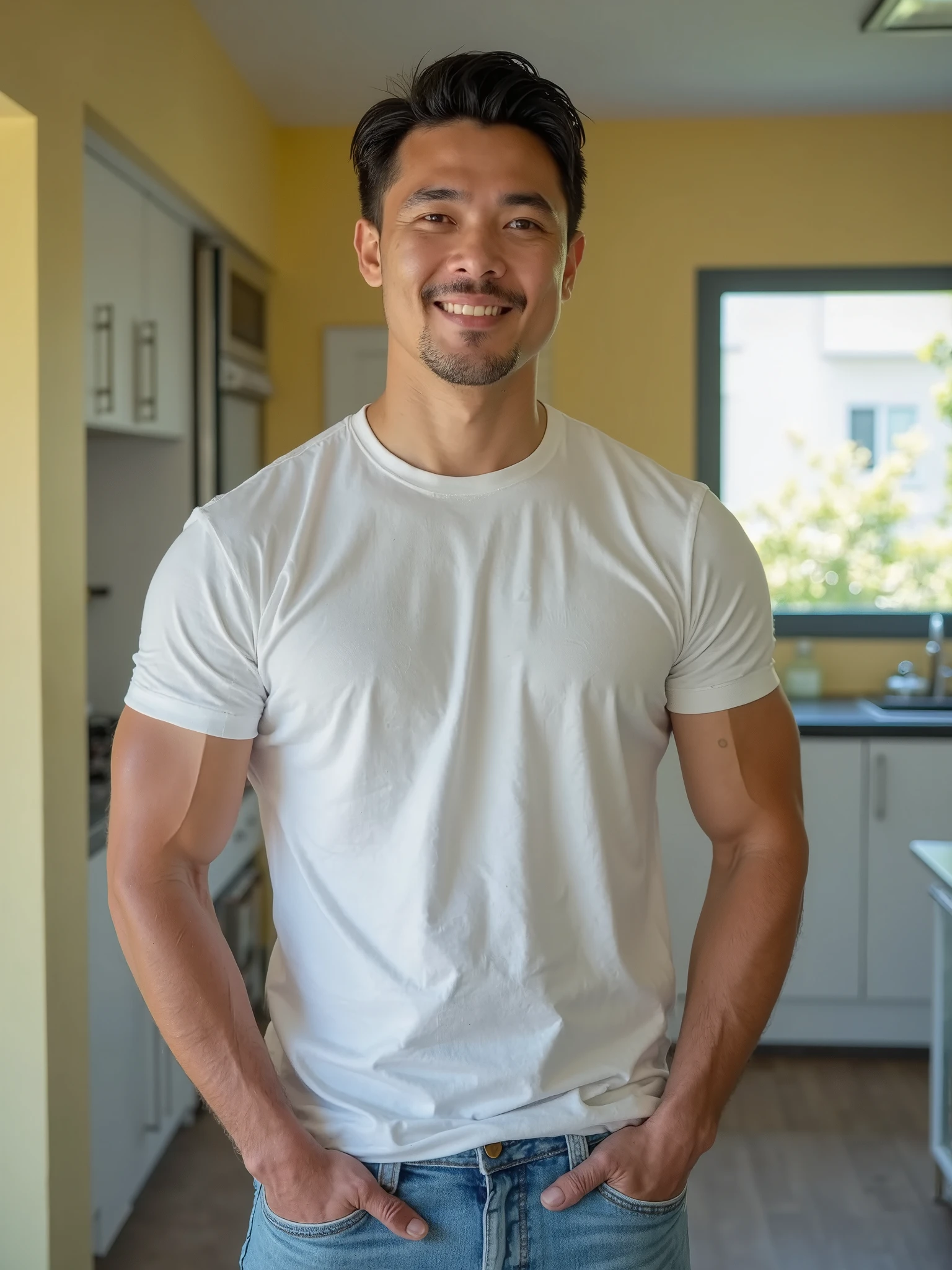 Thai man ,man ,(Blue T-shirt:1.5) ,Jeans ,He is about 30 years old..，Rough and handsome appearance，large breastsj，Big waistline，buzz cut, angry, sullen, best quality, Masterpiece，（Have muscles：4.5），(best quality,high resolution,Masterpiece:1.2),The eyes are natural and delicate..,1 person,alone,gay asian,muscle,Long legs,brave,short hair details,conjunctivitis ,strong,brown eyes, (standing in the kitchen:1.5)，in the market，sit ,smile