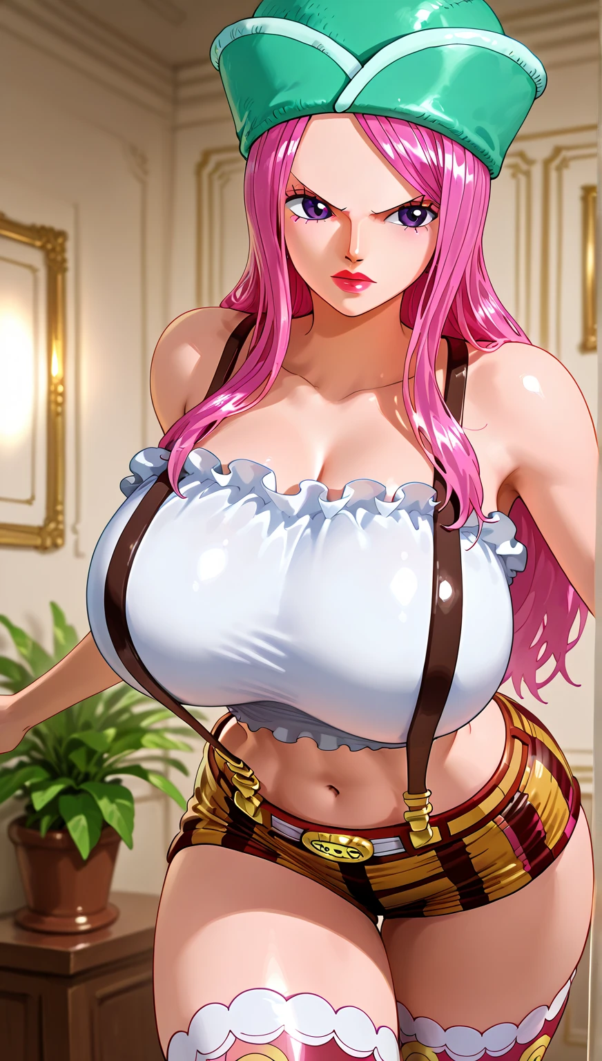 octane render, hdr, (hyperdetailed:1.15), (soft light, sharp:1.2), 1 girl, (blushing woman), beautiful girl, ultra detailed eyes, mature, thick, embarrassed, blushing, (jean short shorts, brown belt, pink buttonup tight shirt), absurdly long hair, (gigantic breasts, thin waist),bimbo, green eyes,waitress holding tray of beers, waitress, crowded bar, tavern, ( pink rose hair ornaments, detailed flower hair ornaments, long rose necklace), <lora:bimbostyleThreeUSD:0.4>
