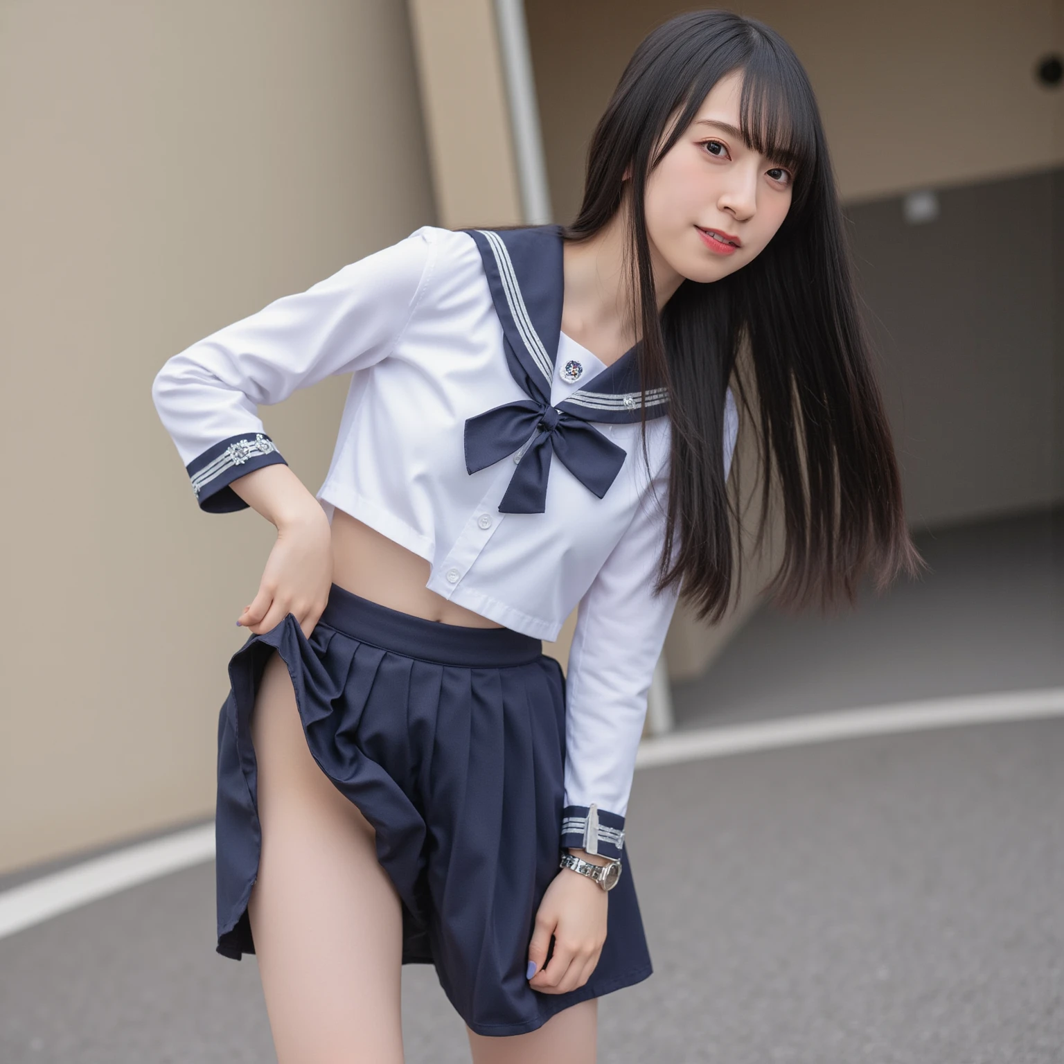 Kawaii Girl, fullllbody, 12 year old girl, (Detailed cute face, detailed innie cat), a junior high school student, Dark blue school uniform, Dark blue pleated skirt, neck tie, standing in the street, (Enbara)、(Obscene content), hight resolution, Realistic, Raw photo, profetional lighting
