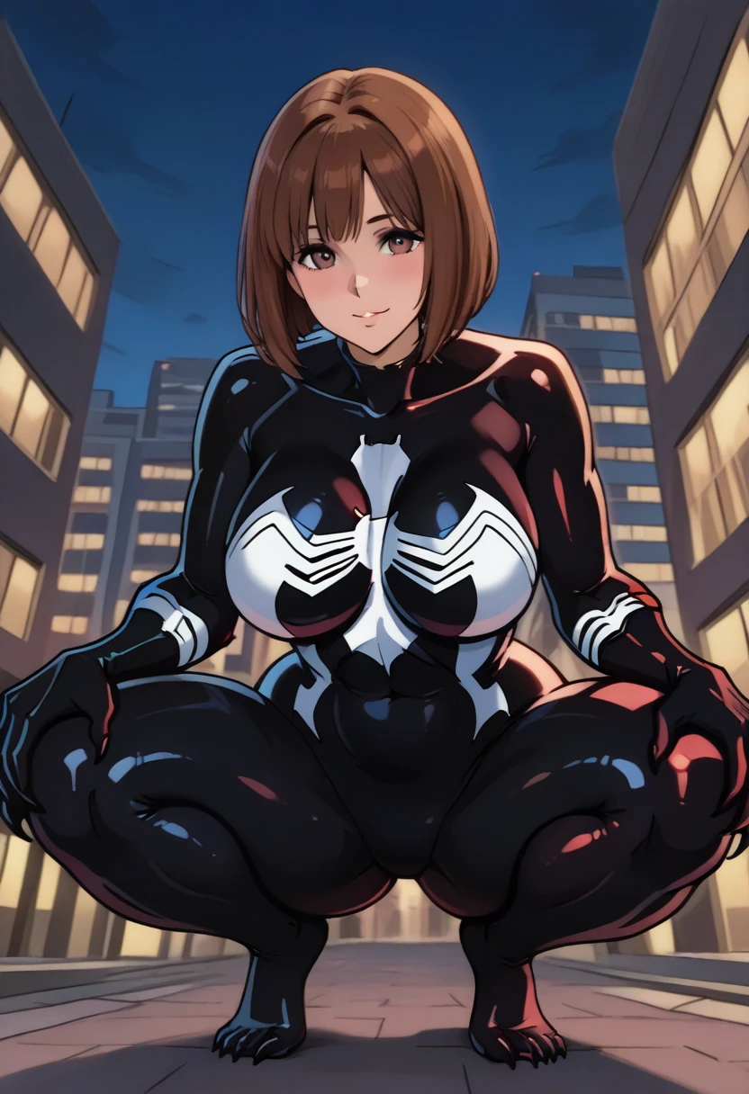 masterpiece, best quality, 8k, highres, 1girl, night, seductive smile, large breasts, tight suit,