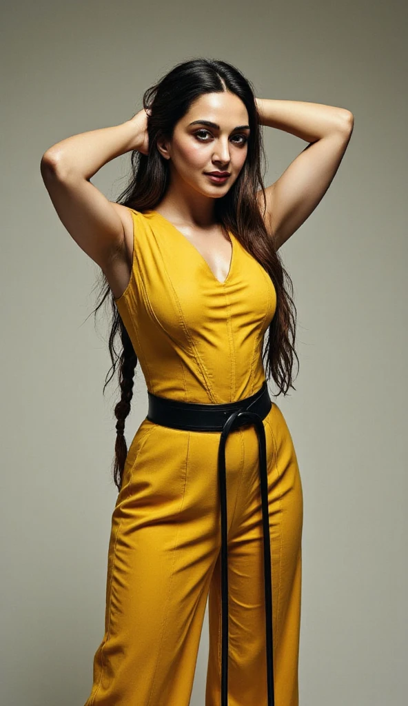 yellow background,((sunflower)),(detailed face),((crotch)),normal breasts,pretty,sleeveless and turtle neck yellow clothes,4k ,super high resolution ,(photo-realistic: 1.7),black long hair,