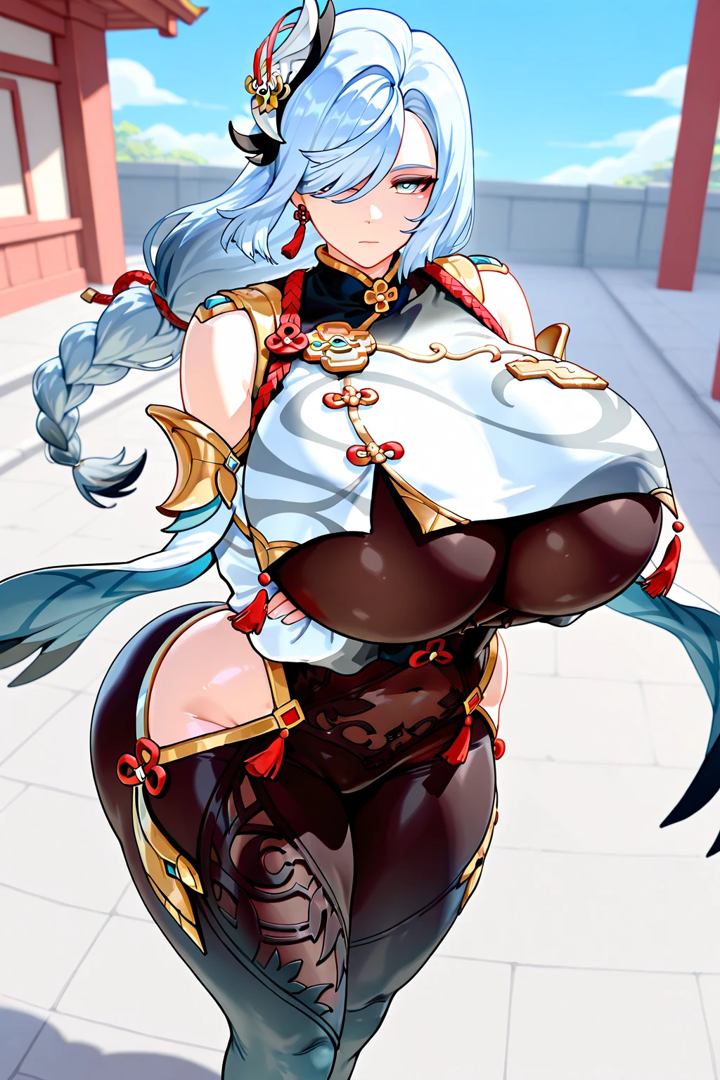 Miss,Very plump figure,Strong body,Huge breasts,H Cup,The bust is huge,Breast exposure,Exposing breasts,Delicate face,Super high red stilettos,Female Giant,Wearing revealing knight costume,aristocratic status,In a magnificent palace。