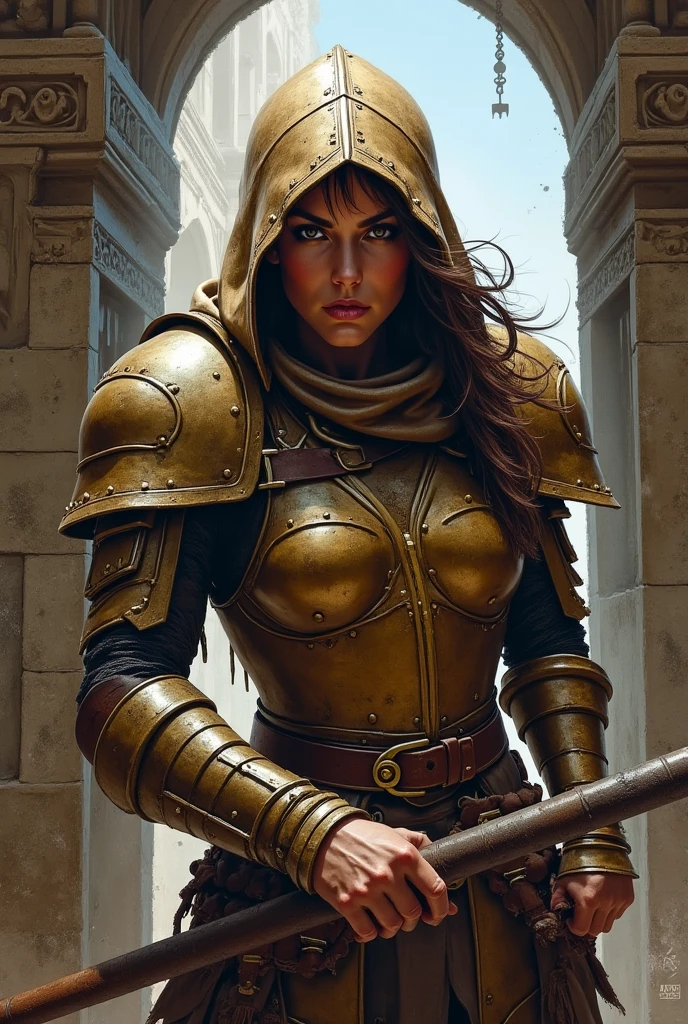 woman cleric, battle, hdr, photorealistic render, raw, detailed, intricate details, Craig Mullins, clear forehead, disarmed