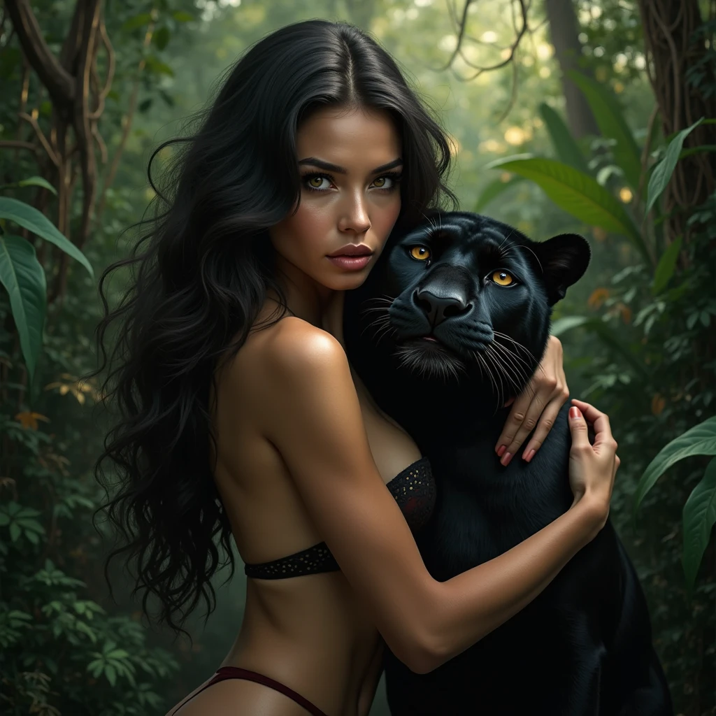 araffe posing with a black leopard in a jungle with palm trees, queen of the jungle, national geographic photoshoot, gorgeous jungle Tarzan woman, amazon queen, dolce & gabbana campaign, jaguar, jungle, brazilan supermodel, on jungle night !!!, in a jungle environment, in the jungle, amazonian, 4k still, beautiful, in a jungle, 3 0 years busty woman