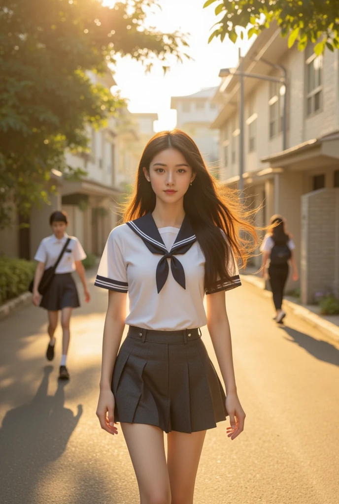school hallway、Two beautiful girls、Same school uniform、Same sailor suit、17 age、Stunned expression、long  skirt、Bun hair、(early evening)、(Sunset)、