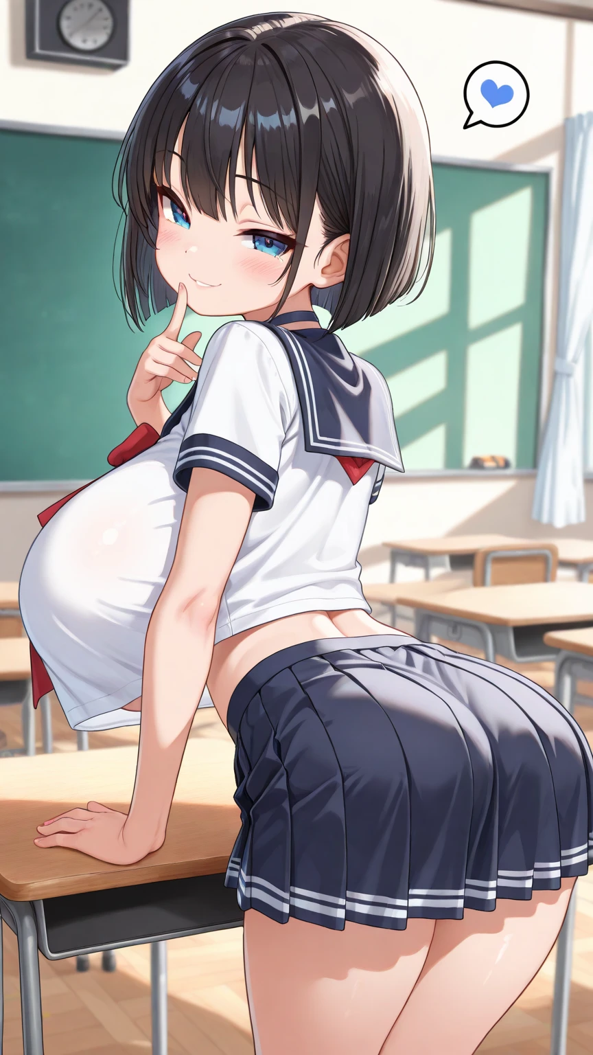 Solo, school sailor summer uniform, bike shorts, big butt, wide hips, short hair, brown hair, femboy, male boy, smug face, bratty boy, sideway, sideway perspective, masterpiece, blushing, see-through pants, visible crotch bulge, visible nipples, manga panels, no underwear, small breasts