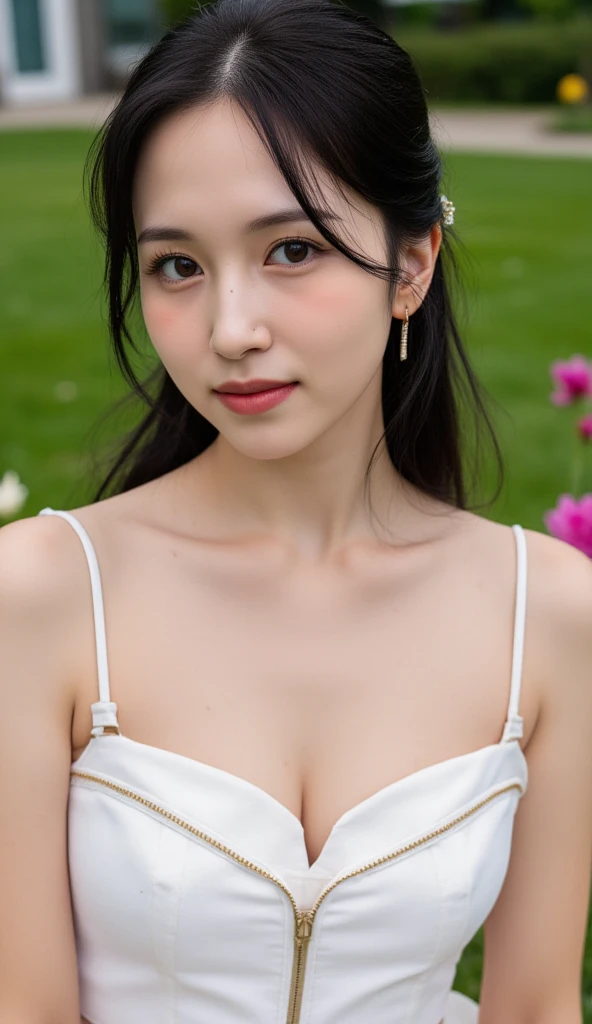 (girl: 1.5), Lace, ribbon, Hanfu, (masterpiece, Side light, 精美of and 美麗of Gray Eyes: 1.2), masterpiece, 实际of, 发光of眼睛, 闪亮of头发, Black Hair, 有光泽of皮肤, celibate, of, Bare shoulders, 精美of, 美麗of, garden, Flowers, 飄動of花瓣, ((Best image quality, 8k, masterpiece:1.3)), 1 Girl, 有纤细腹肌of美丽女人:1.3, (casual hairstyle), Princess dress:1.1, Super thin face, 细致of眼睛, Double eyelids，Smile，Home