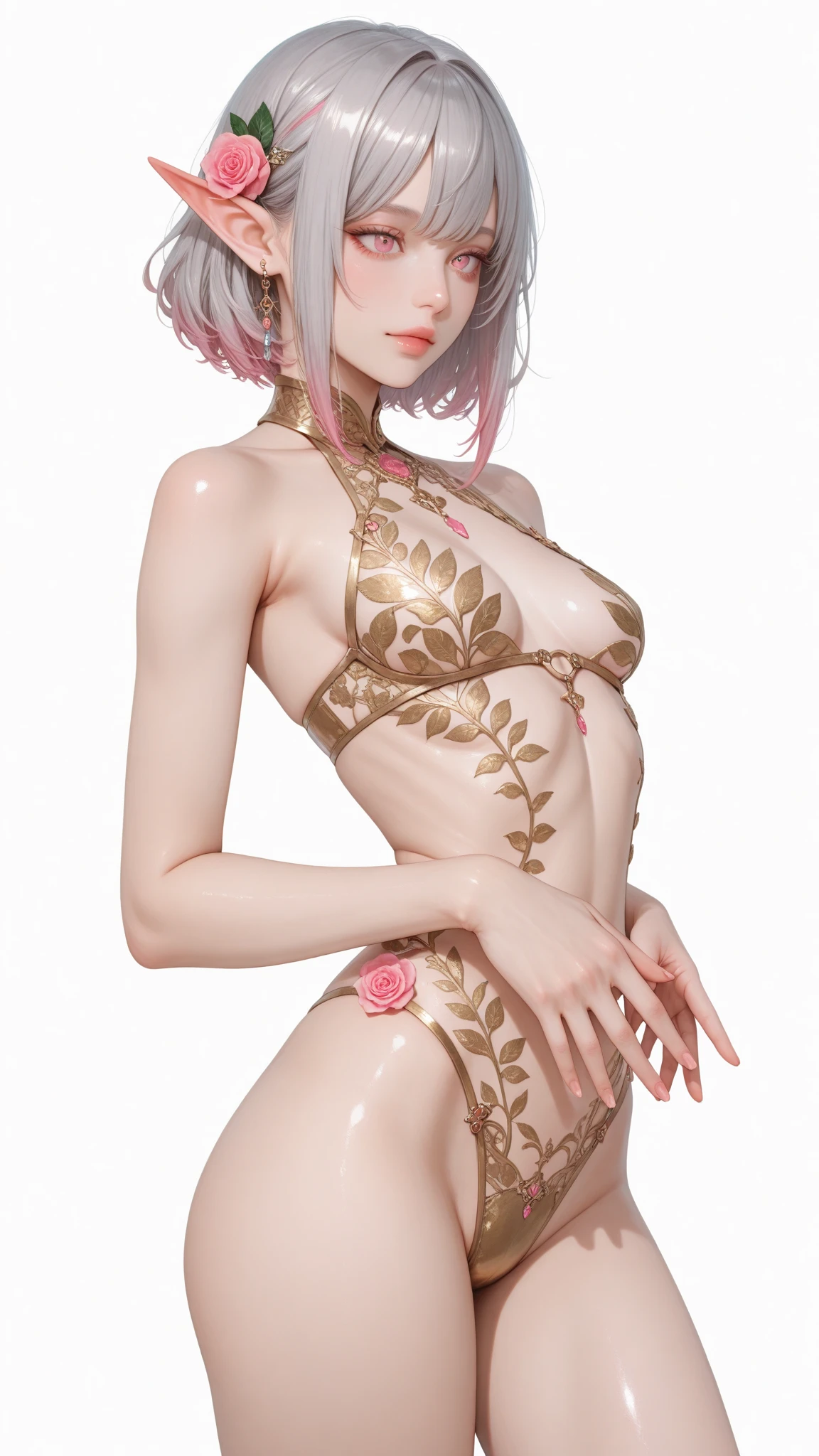 astolfo, Beautiful and slim perfect body, rasgos muy females, cuerpo female sexy muy delgado, flat chest, Pectorals, not breasts, very innocent smile, Girl, bright pink hair, spiky hair, short hair, a long braid, lock of white hair on left side, micro shorts, mini top, off shoulder top, long fishnet stockings, female, small bulge in panties, Eating an ice-cream, walking down the street, selfie, navel piercing, gothic choker, gold bracelets on arms