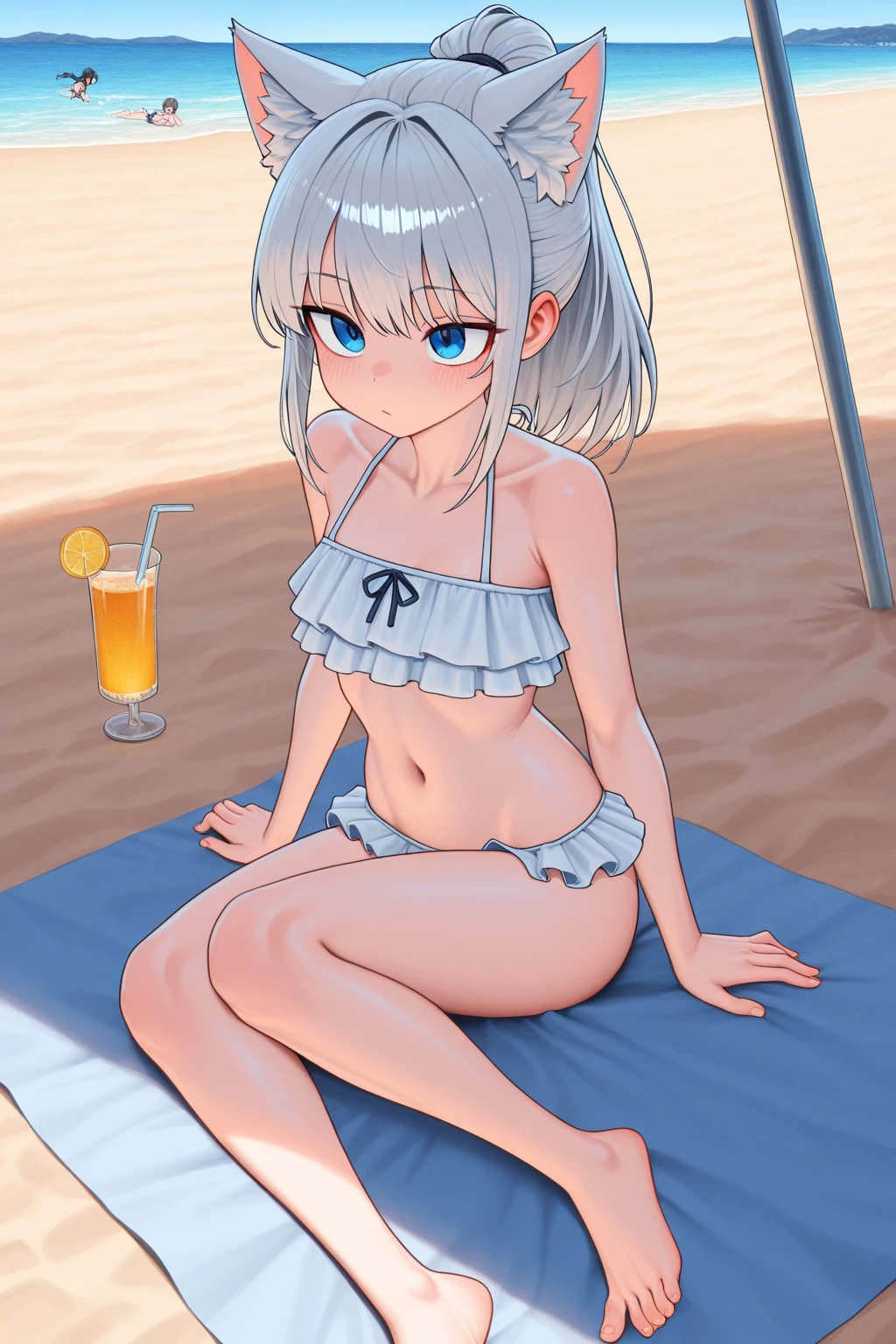 (((Masterpiece)), (((Highest quality)), (((Very delicate and beautiful)), (Highly detailed CG unity 8k wallpaper: 1.3), Very delicate light, (Backlight), (steampunc),

/=、
(Cowboy Body)), (1loli: 1.3), Solo, (Petite), (small), White swimsuit, high - waist shorts, White hair, Blue eyes, Earrings, (Wavy Curly Short Hair), (ahoge), (Cute face: 1.114), (Fine eyes: 1.15), (Cute face: 1.114)
, (beautiful fine eyes and beautiful face: 1.15),
The girl smiled，Look happy in the beautiful tropical scenery. Behind her, The sun is setting, casting a warm glow over the scene, Create a fantastic atmosphere. In the distance, palm trees swaying in the breeze, creating a leisurely retro atmosphere, such as sand, Sun, beach, Sea, horizon, etc.

Highly detailed ray tracing