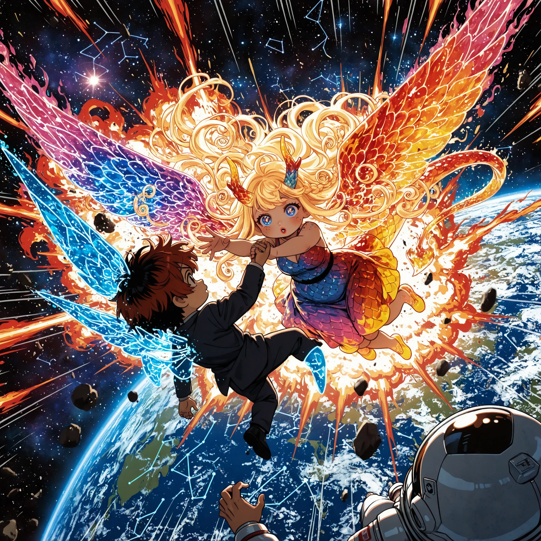 stock art, manga, 1boy, pretty girl, male, female, anthropoid, line art, spikey hair, blonde hair, blue eyes, dark hair, braided hair, brown eye, big cute eyes, red lips, pale red, chubby cheeks, skin tone, blushes. mole (spots), chibi, masterpiece, best quality, newest, dynamic angle, motion blur, looking to the side, ((reaching out hand, reaching for each other)), ((holding hands, looking at each other)), 1girl, 1boy, character: yell, speedlines, motion blur, ((fire splash effect, swirling fire, colorful fire)), colorful eyes, floating, looking at another, glowing eyes, ((scaled, colorful scales, glimmering scales, glowing scales)), messy hair, colorful hair, stark hair, glowing hair, very long hair, long hair, colorful dress with constellation trimmings, modest dress, sleeveless, colorful dragon scales, lonely, floating in space, ((translucent wings, constellation wings, translucent tail, constellation tail, constellation horns, colorful aura, fire splash effect, colorful fire)), character: astronaut, space helmet, spacesuit, looking at another, floating, ((space, earth below, asteroids)), ((space station in background, explosion, debris)), dynamic illustration, dramatic lighting, speed lines, colorful splash effect,