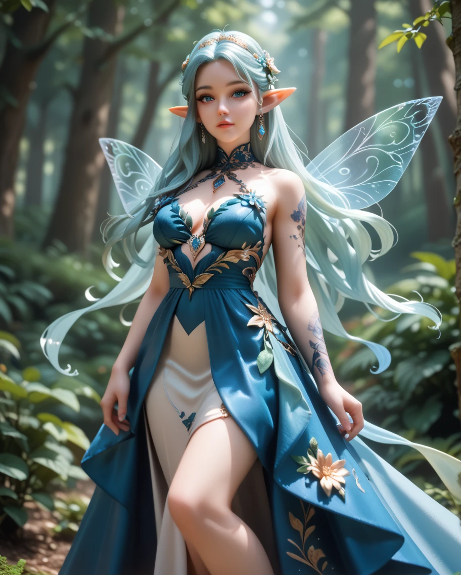 FAIRY FEMALE, WINGED WOMAN, GREEN WOMAN, BLUE BUTTERFLY WINGS, MATURE WOMAN, GREEN SKIN, LOVELY FACE EXPRESSION, TIARA, WHITE EYES, HUGE LONG HAIR, BLUE HAIR, EXPOSED EARS, TIP EARS, ROSY CHEEKS, HIGH CHEEKBONES, ATHLETIC BODY, LONG PURPLE DRESS, LONG SLEEVES, FLARE SLEEVES, DAYLIGHT, SUN, BLUESKY, RIVER, FORREST, FRONT VIEW, MITHOLOGY, MAGIC POWERS, MASTERPIECE, CCURATE IMAGE