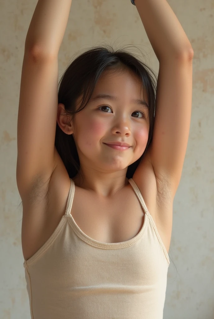 Japanese 14 years old white tank top Raising both arms