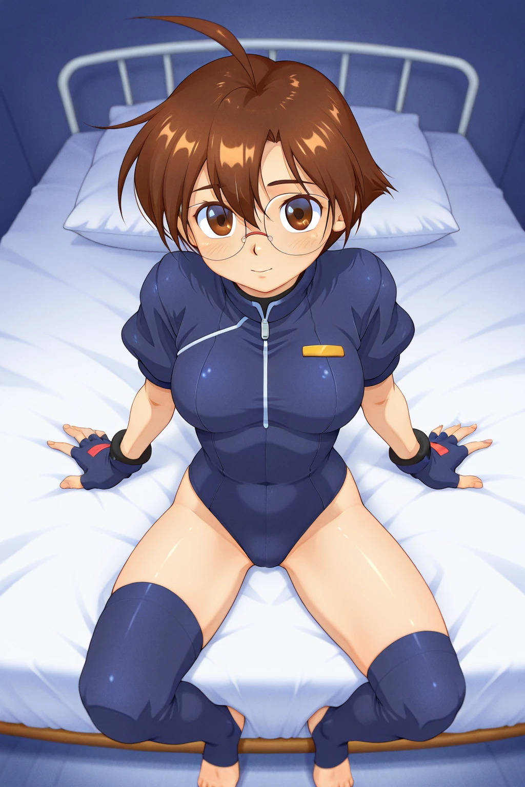 8K、masterpiece、Japanese、Woman wearing glasses、anise、from the front、smile、Childish、Big Breasts、Transparent school swimsuit、night、Bedroom、Spread your legs and show、Pee is yellow
