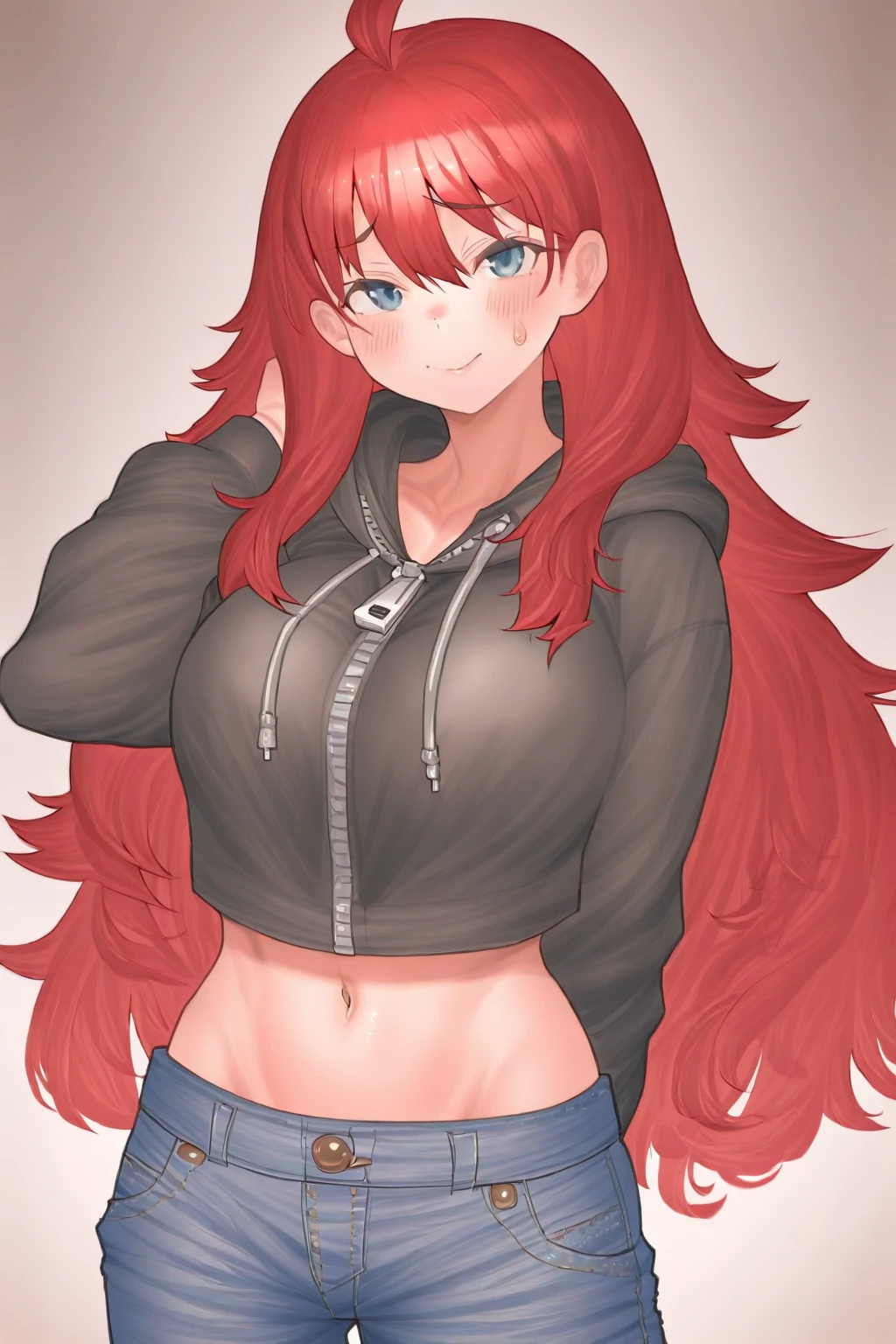 simple background, green_eyes,red_hair, 1girl, solo, thighhighs, breasts, shorts, green jacket, navel, single thighhigh, jacket, garter straps, black thighhighs, choker, denim, open mouth, black background, facing viewer, midriff, cleavage, smile, denim shorts, black choker, simple background, medium breasts, tank top, collarbone, off shoulder, black tank top, short shorts, xd, bangs, :d, crop top, open clothes, long sleeves, shirt, blue shorts, virtual youtuber, standing, <lora:Erio_v0.41AOM2:0.7>, Eriocasual
