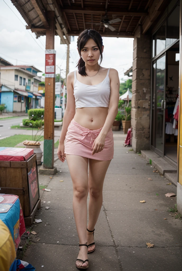 Sweet beautiful Bogor city girl, sassy girl, georgeus face, 25 years old, slim body, roman nose, messy wavy black hairs with a bangs blown by the hard wind, descent mixed from sundanese and javanese, wearing thin full see through white unbuttoned lace tank top t-shirt blown by the wind, hairy vagina exposed clearly through the clothes, wearing high heels, wearing thin lace pink panty, no bra, very realistic, very detail, walking cheerful in the sunny morning on windy dusty street at Bogor, happy sweet face, very cute laughing, her body and her messy dense pubic hairs are very exposed through the clothes, sun shining her body through the clothes, from top of head to the toes are visible, very hard wind that blowing everything, hard windy enviorement, many dry leafs falling blown by the wind,