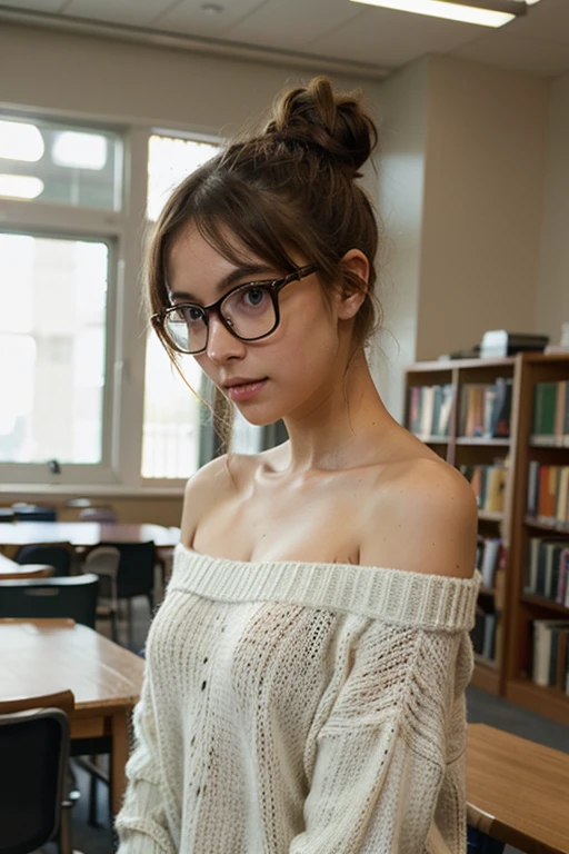 top quality, maximum detail, Photo of a young cute 16 year old girl, topless, full length, slim body with thin waist, large hanging breasts, in the school library, in neon lace panties, long bright blond red hair, hair tied up in a braid , green eyes, Uncensored, naughty face, smile, Strict glasses