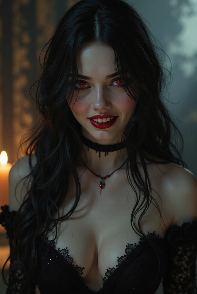 8K,(Sharp Focus:1.1) vampire queen,((His mouth was covered in blood)), Blood drop, Blood-stained hair, Ruby tiara, laced dress, Cleavage is seductive, Looking, dark shadow, Intensity, fanaticism, 8K, high quarity, intricate detailes, closeup cleavage, Glowing red eyes,You can see the vampire's big fangs,Emphasizes cleavage,Maniacalの笑顔の口から吸血鬼の牙,超A high resolution,super realistic skin,Maniacal,