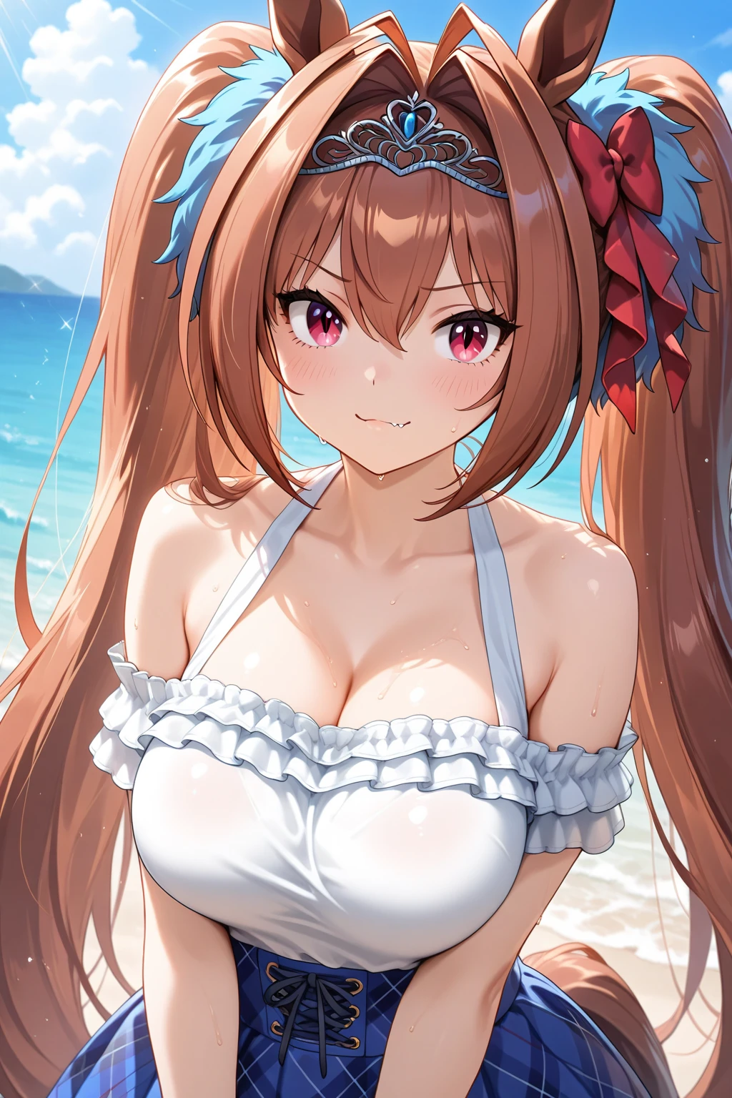 (obra maestra), 1 chica, Solo, Mejor calidad, ojos expresivos, cara perfecta, (mujer madura, mqmf), madre, pelo rojo ROMPER pelo largo, pelo ondulado, ahogo, vestido de verano rosa BREAK pies descalzos, caderas, pechos grandes, parte superior del cuerpo, playa, rocas, ojos sin emociones, :D, brazos extendidos, Abrazo entrante, tirar, al aire libre, de pie