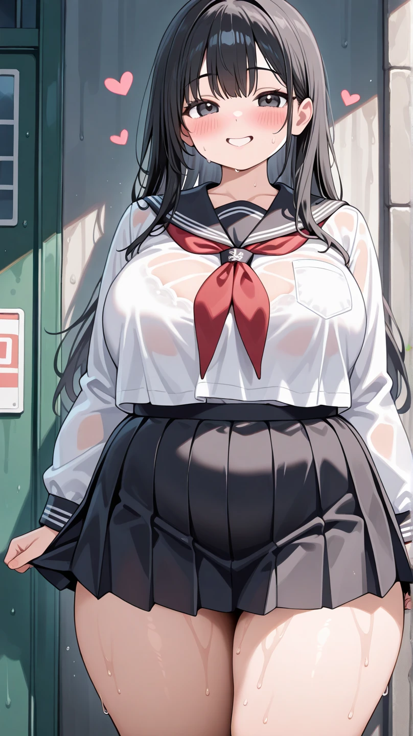 ((best quality)), ((masterpiece)), (detailed), 1 woman, high school student, thick eyebrows, Frightened look, big bust, wide pelvis, long skirt, black hair