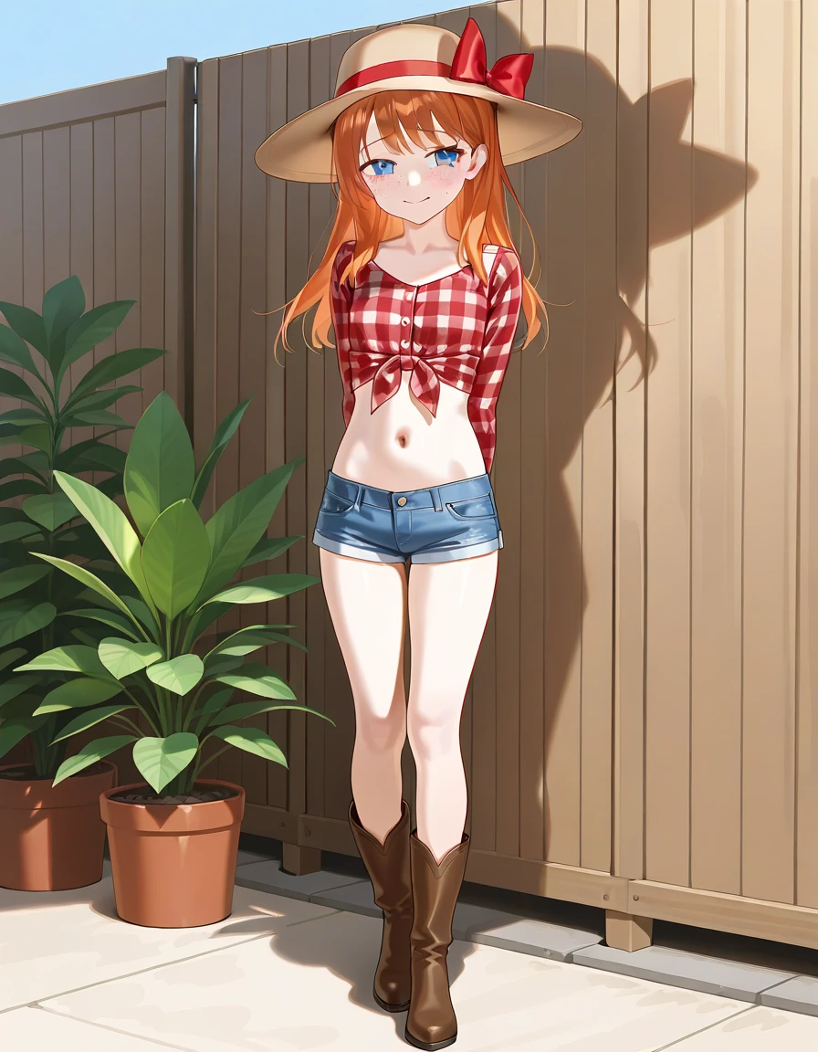 1woman, red hair, red eyes, bikini top, shorts, standing on ground, high res, ultra sharp, 8K, masterpiece
