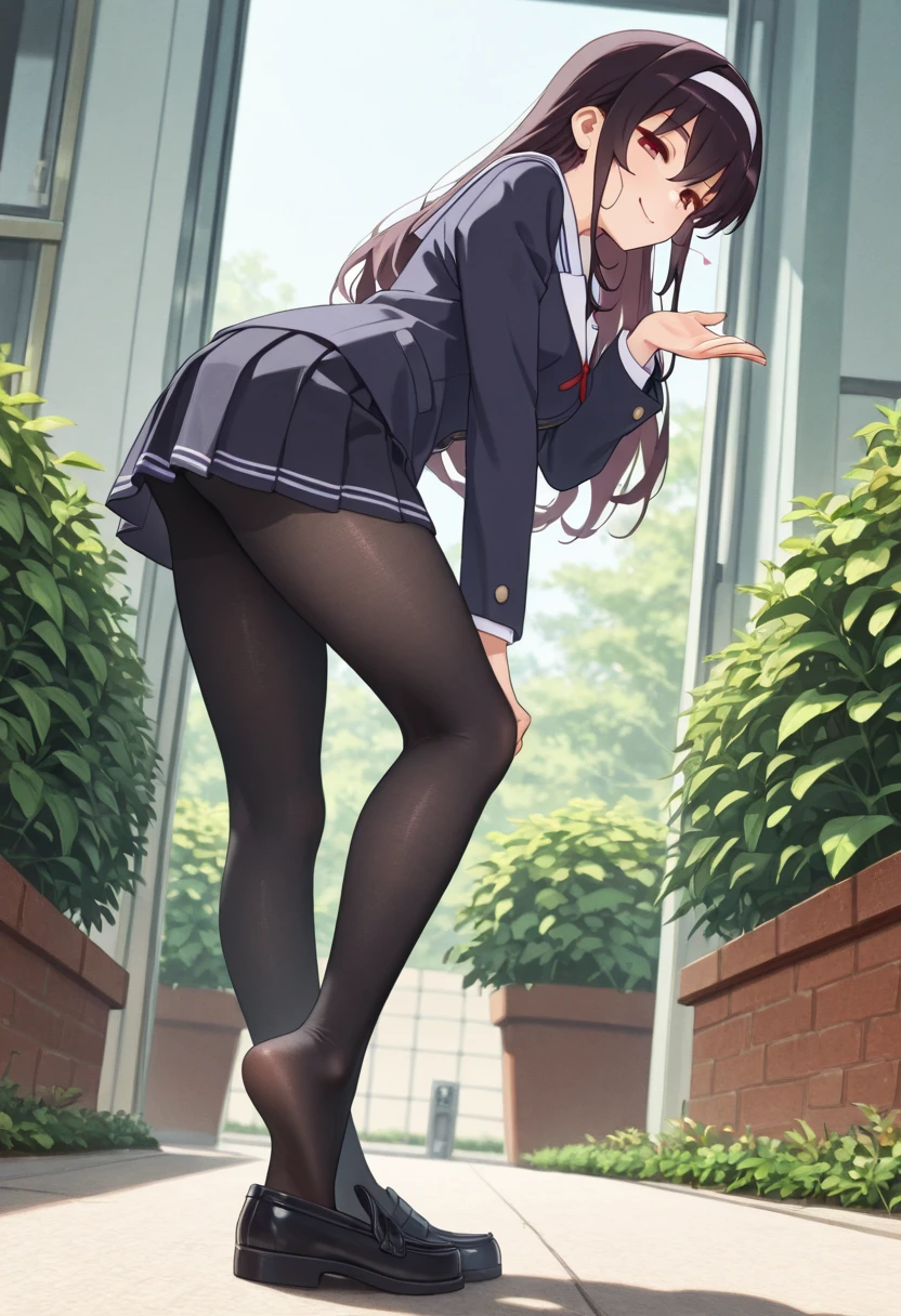 masterpiece, best quality, 1girl, solo, komi-san wa komyushou desu, ks , blue jacket, white shirt, striped bowtie, red skirt, big ass, black pantyhose, looking at viewer, hands on ass, against wall, grabbing her ass in a aggressive way, facing wall, (classroom), (NSFW), (grabbing her ass in a aggressive way), (hands on ass), cowboy shot, NSFW, rule 34 