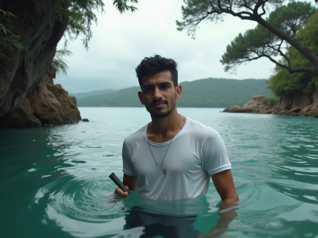 there is a man standing on a small wooden raft in the water, edited in photoshop, in a scenic background, very artistic pose, very accurate photo, full body photogenic shot, in a lake, in the middle of a lake, in lake, very very low quality picture, shot on nikon z9, very clear picture, full body potrait holding bottle