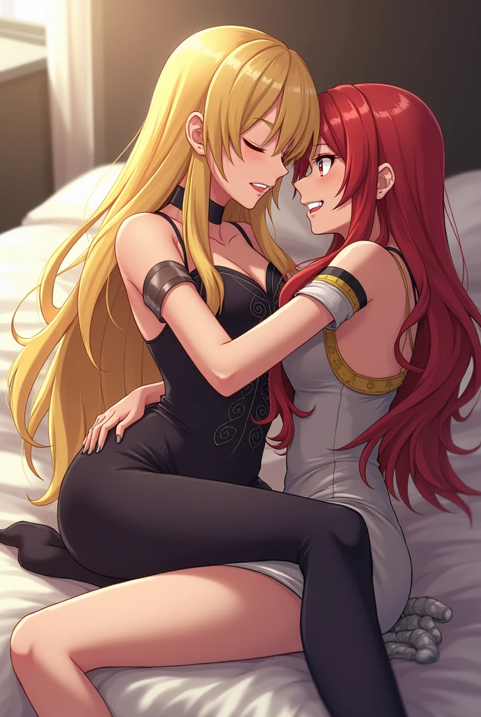 (2 girls:1.5) (very close up:1.5) (exposed butt:1.4) (lying on bed on top of each other:1.3) (squished breasts:1.3) (adult woman:1.2) (topless:1.1) (elaborate beautiful red gold:1.2) (ruby red chains on wrists) (ruby red halo) red rose choker, night, dark cozy bedroom, mood lighting, on bed, Absurd, Perfect Anatomy, performance, Good lighting, Shadows in the movies, very large breasts, large butt, thin waist, Long HAIR, (blonde hair), (loving look:1.4), original HAIR style, Dynamic Angle, (detailed face:1.3) (dynamic lighting:1.5), (ruby red eyes) (ruby red leaf bracers on arms) (ruby red leaf hair piece) (elaborate ruby necklace) (red roses on bed:1.3) (red roses in hair) (stunning beautiful red eyes)