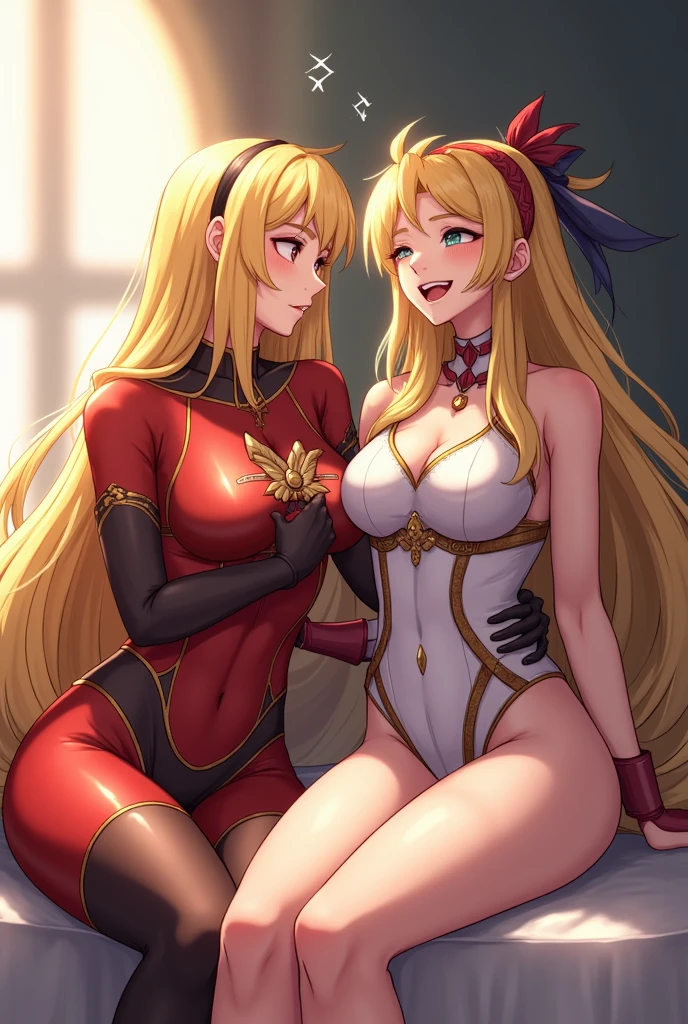 beautiful detailed eyes, beautiful detailed lips, extremely detailed eyes and face, long eyelashes, 1 girl, elegant adult woman, blonde, green eyes, crown, high collar, full body seated on a bench, showing the butt, red armor, red skin (1 girl red skin:1.2), looking at the viewer, brilliant, armor, thigh high socks, high boots, shoulder pauldrons, dents, poleyn, red gauntlets, re-pauldrons, RED military armored boots, muscular lean platinum blonde long twin tails hairstyle, lustful smirking smile, blushing, strong abs, female bodybuilder, tiara, twin hair braids, (artwork, best quality, ultra detailed, best shading)