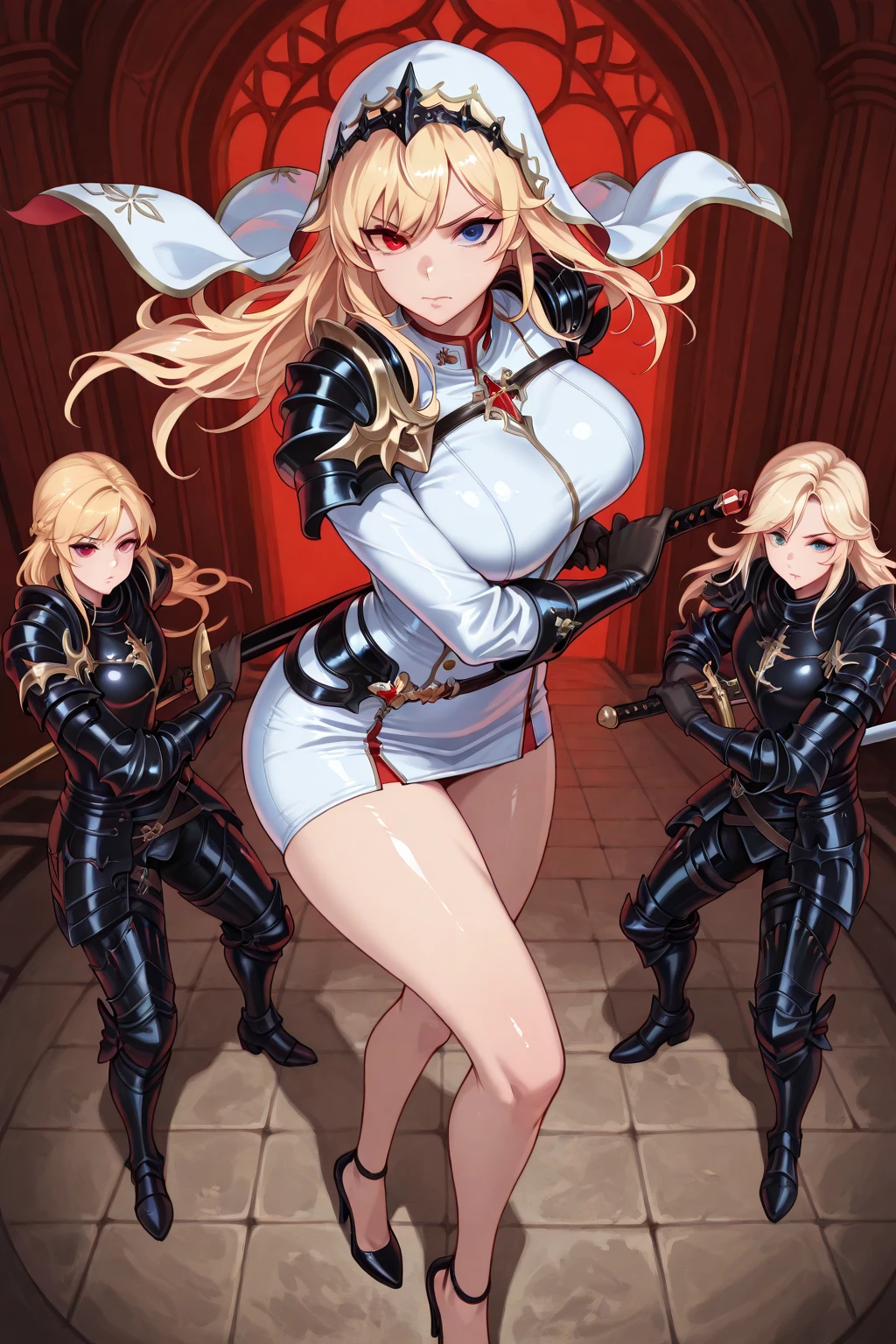((black background,1:2, masterpiece)), whole body MILF BIMBO standing with two long thighs and two Metal Sandals, Red eyes, Silvery white hair, Short bob style hair, Big Breasts, Cleavage, Do not sleeve, tiara royal, Capes up to 2 feet long, yellow bikini, Hands on hips, belly button, Lecherous smirk, Smile (Blushed, Red cheeks), Metal shoulders, Gold sleeveless armband, black leather choker slave collar, Shackle Bracelet, Sex Slave Red Crest, Scapula, breastplate, corset, Eye focus, whole body, whole body. 1 solo . slave warrior, Standing in loincloths, Hands on hips, Metal Sandals, Backpack, choker, Big belt, view from below, Feet together, Bracers, tiara
