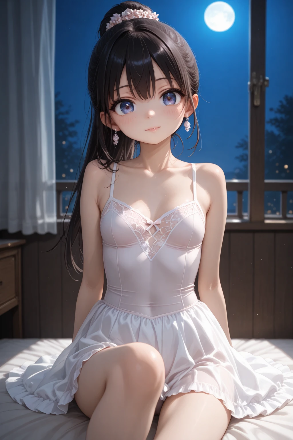 High resolution, Highest quality, super high quality, Very detailed, Cinema Lighting、living room、Swimwear、、Embarrassing、Sweaty、Sweat、Eyes from below、Girl seen from the floor、Low - Angle、 See through、